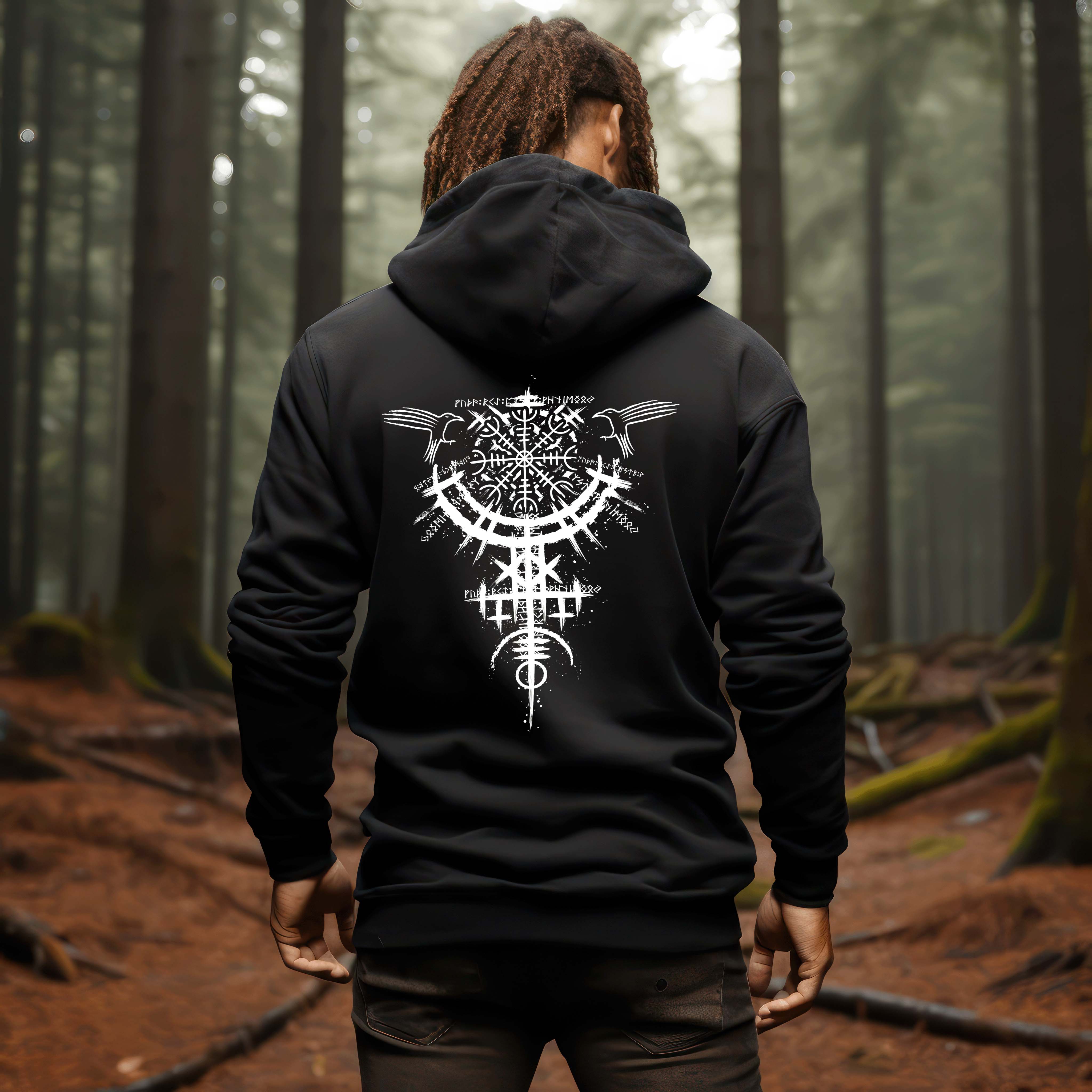 Wikinger Hoodie mit mystischem Runenkreis und Raben-Design - Stil trifft Tradition