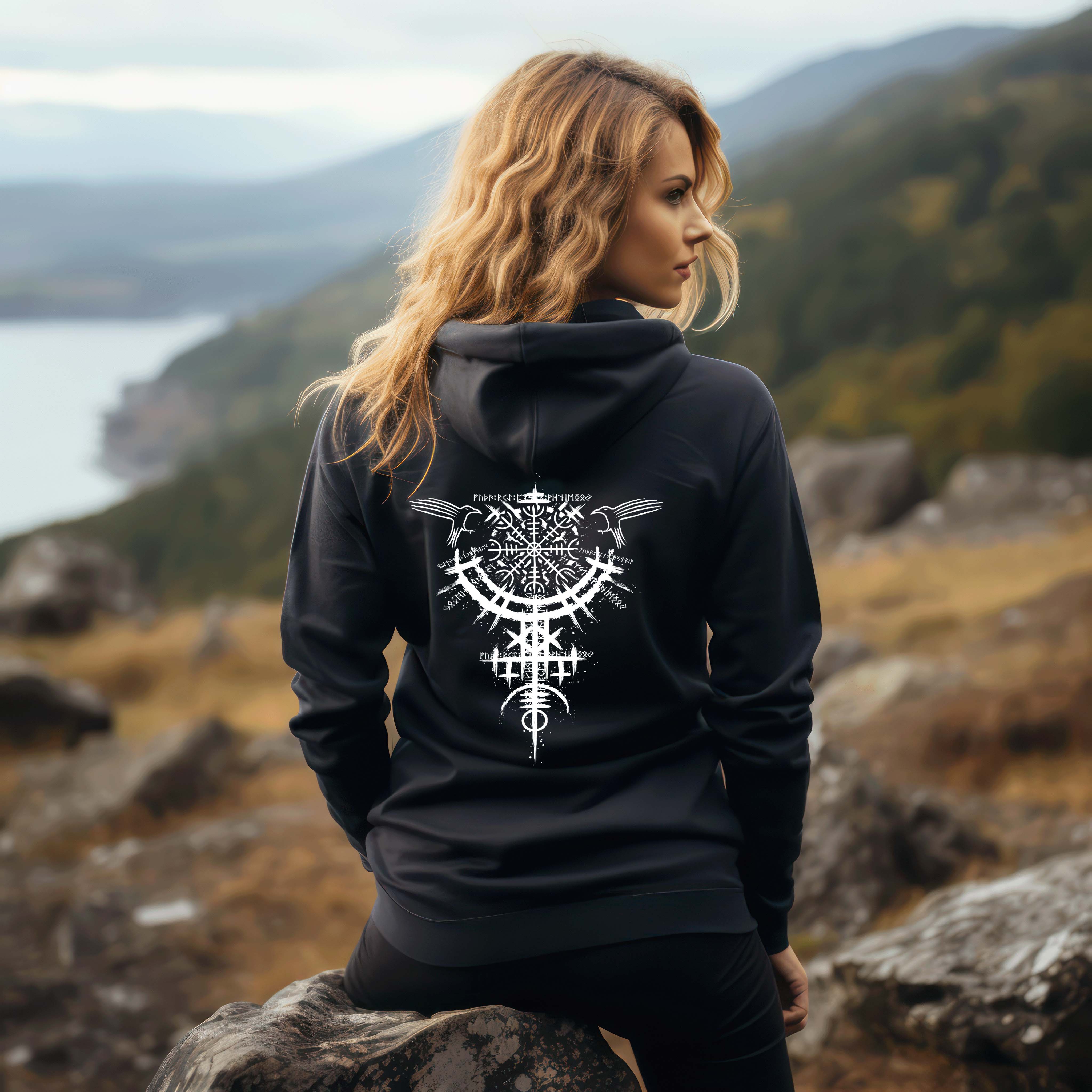 Schildmaiden Hoodie mit Helm Of Awe Nordischen Runen – Wikinger Kriegerin