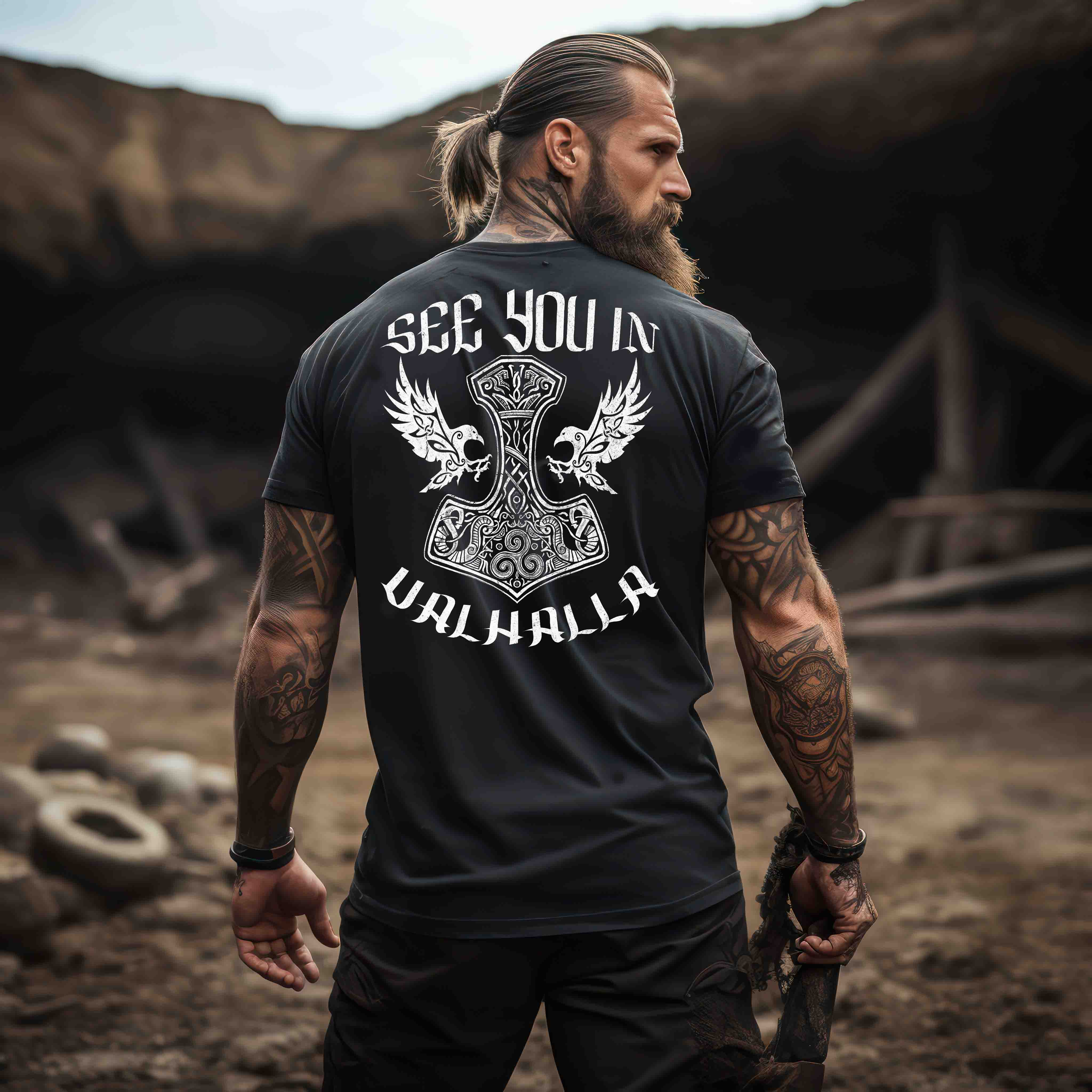 See You In Valhalla" Wikinger Backprint-Shirt – Ehrenvolles Krieger-Design