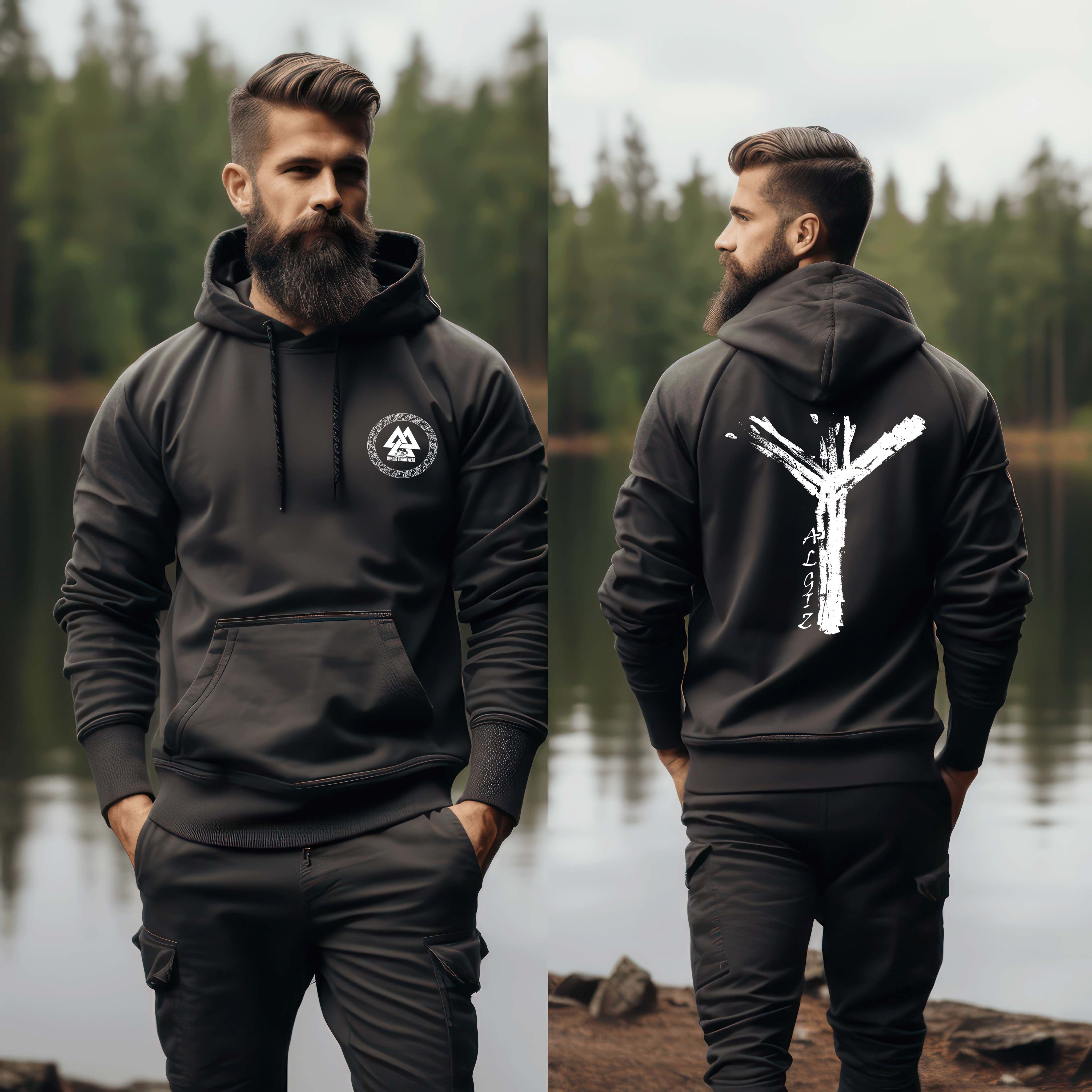 Wikinger Hoodie mit Algiz-Rune – Mystischer Schutz-Symbol Kapuzenpullover