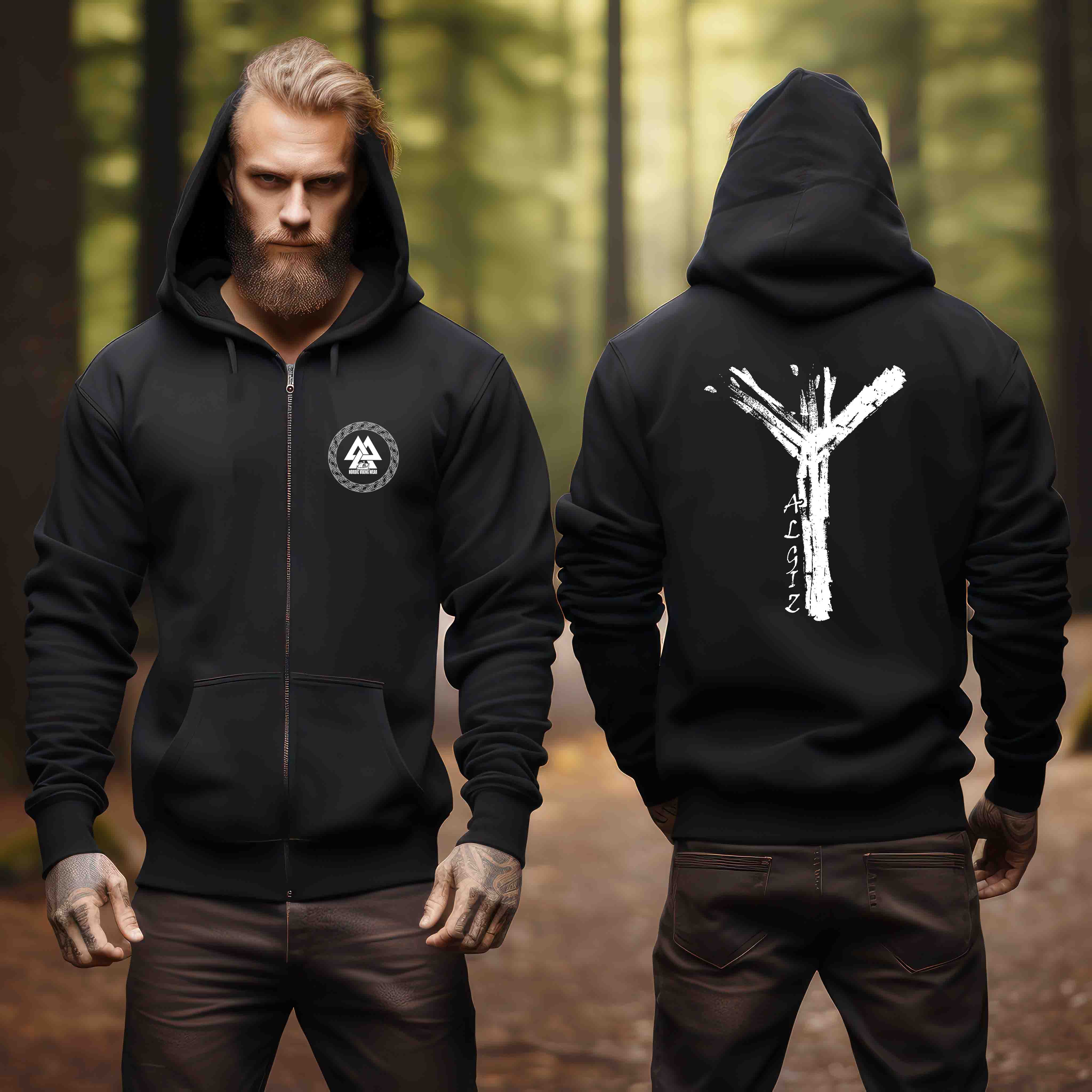 Wikinger Zip-Hoodie Front/Backprint Rune Algiz.
