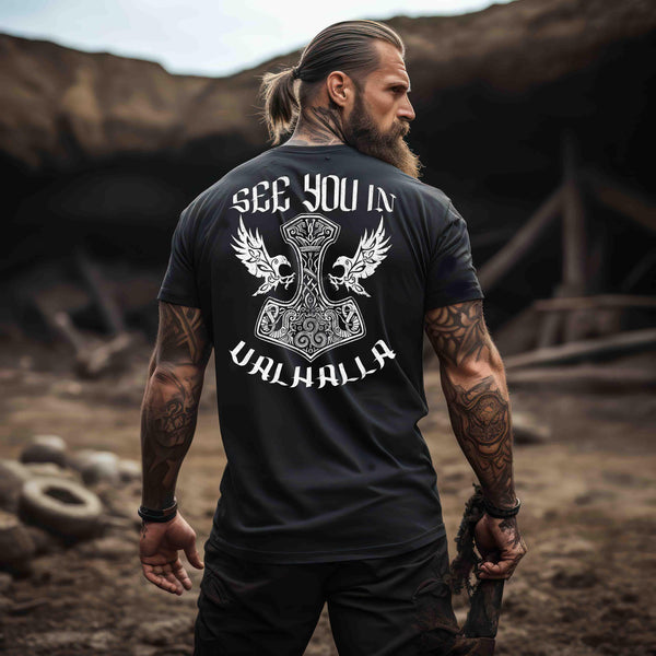 See You In Valhalla" Wikinger Premium Backprint Shirt – Ehrenvolles Krieger-Design - Nordic Viking Wear