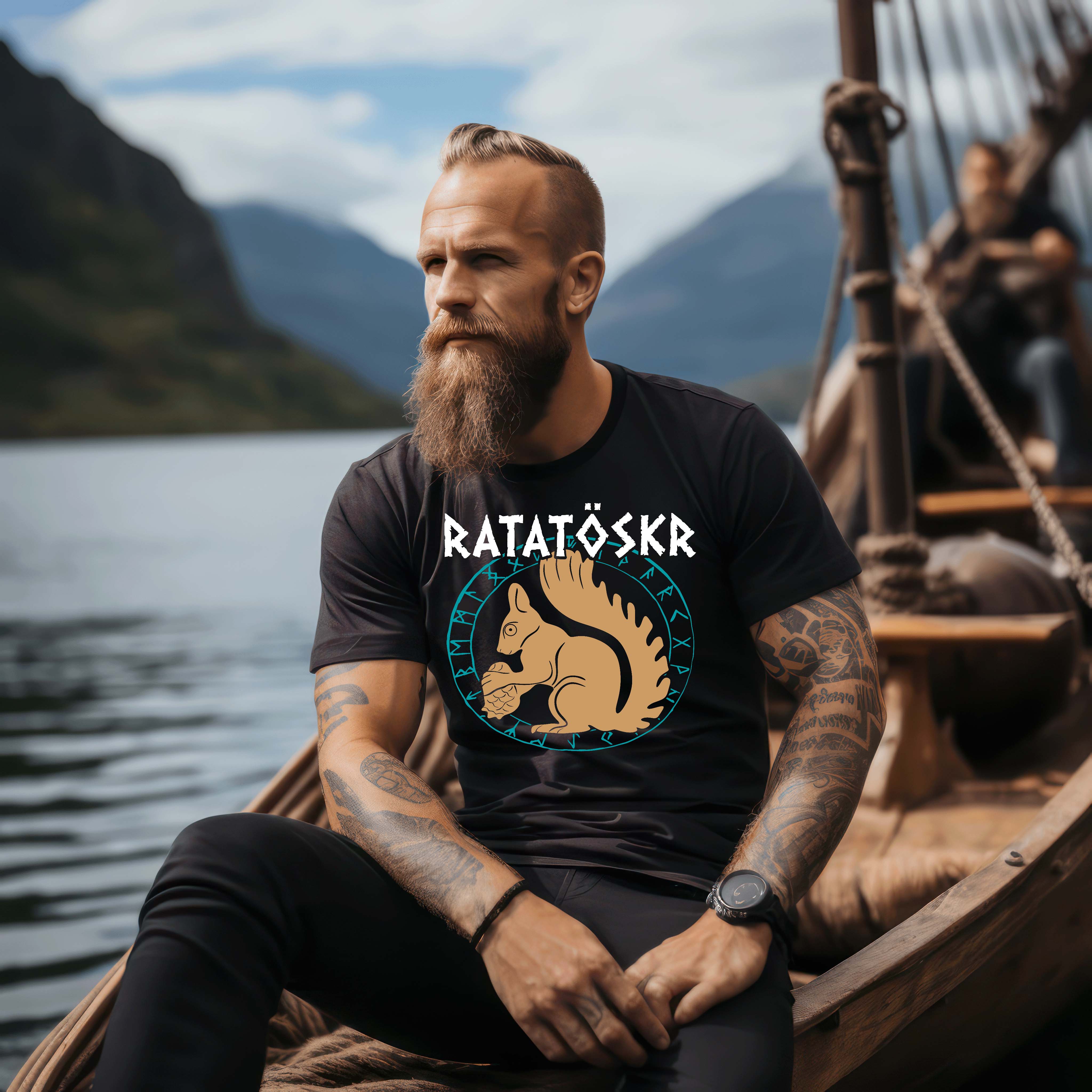 Premium Wikinger T-Shirt "RATATÖSKR" – Eichhörnchen-Design mit Runenkreis