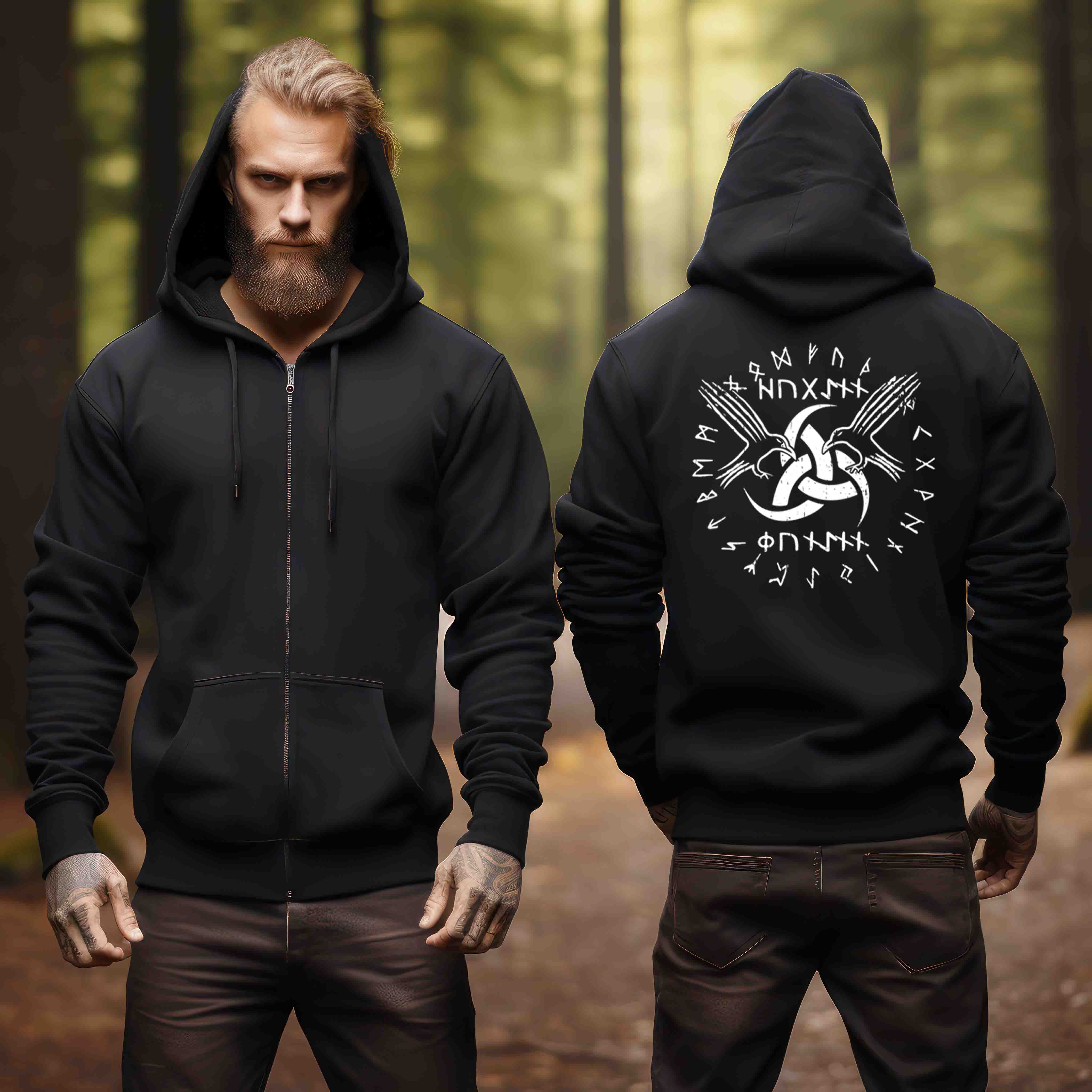 Wikinger/Schildmaiden Zip-Hoodie "Odins Boten" - Huginn und Muninn mit Gjallarhorn