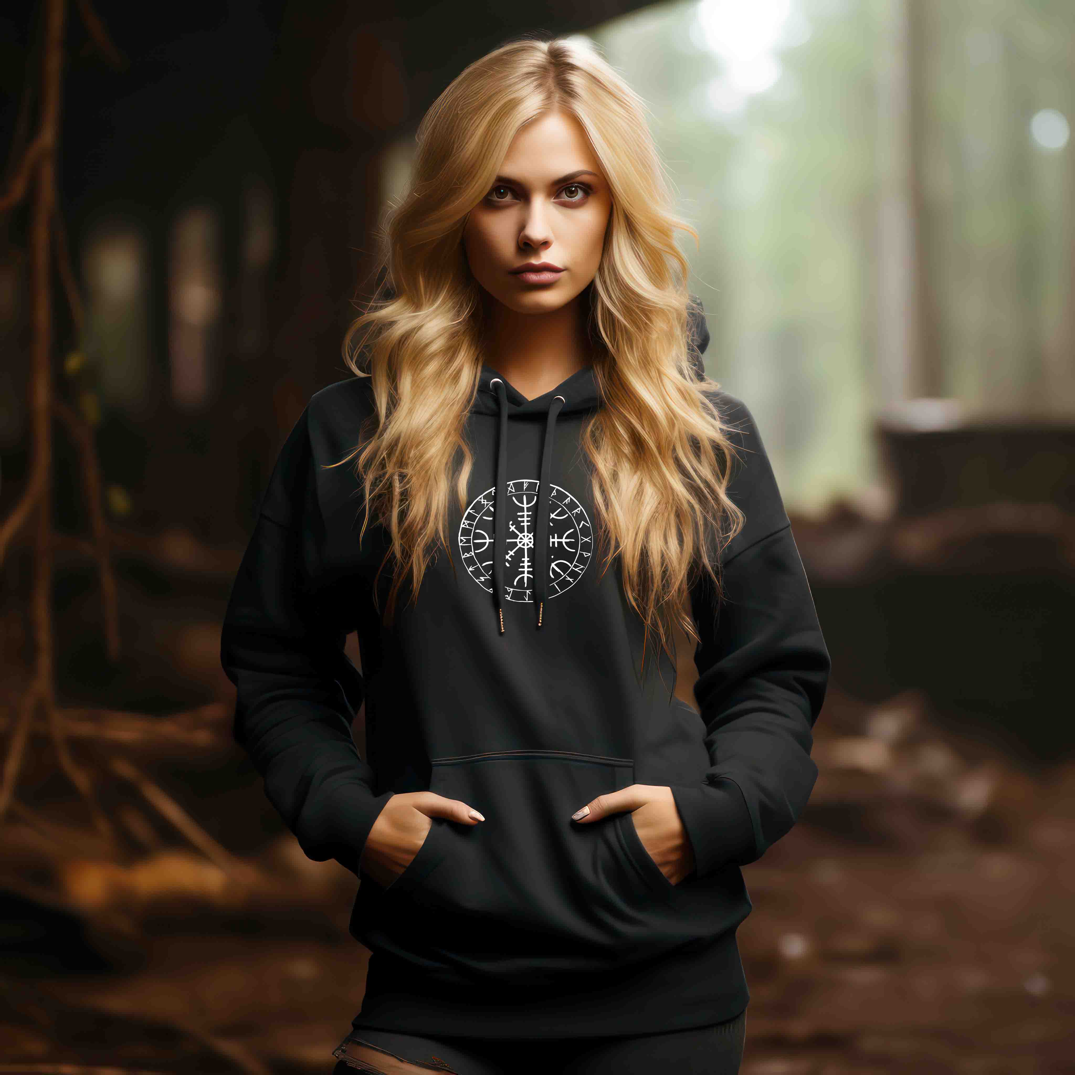 Schildmaiden Hoodie mit Helm Of Awe & Runenkreis | Nordischer Stil | Perfekt für Wikinger-Enthusiasten