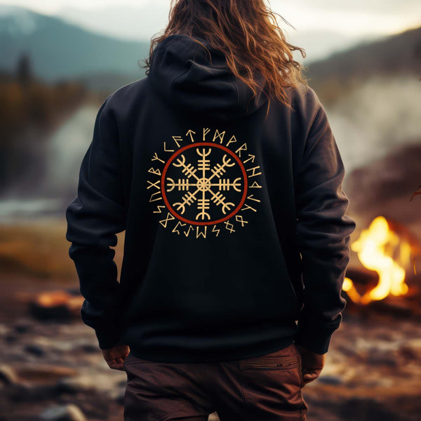 Wikinger Helm Of Awe Mit Runenkreis - Backprint Hoodie - Nordic Viking Wear