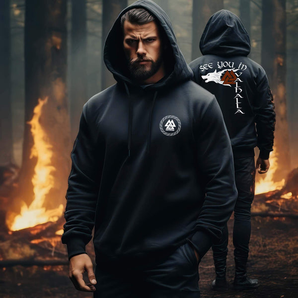 Fenris & Valknut: Das Erbe der Wikinger - Front und Rückendruck Hoodie mit mythischer Kraft - Nordic Viking Wear