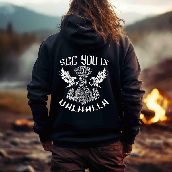 See You In Valhalla" Wikinger-Backprint Hoodie – Ehrenvolles Krieger-Design - Nordic Viking Wear