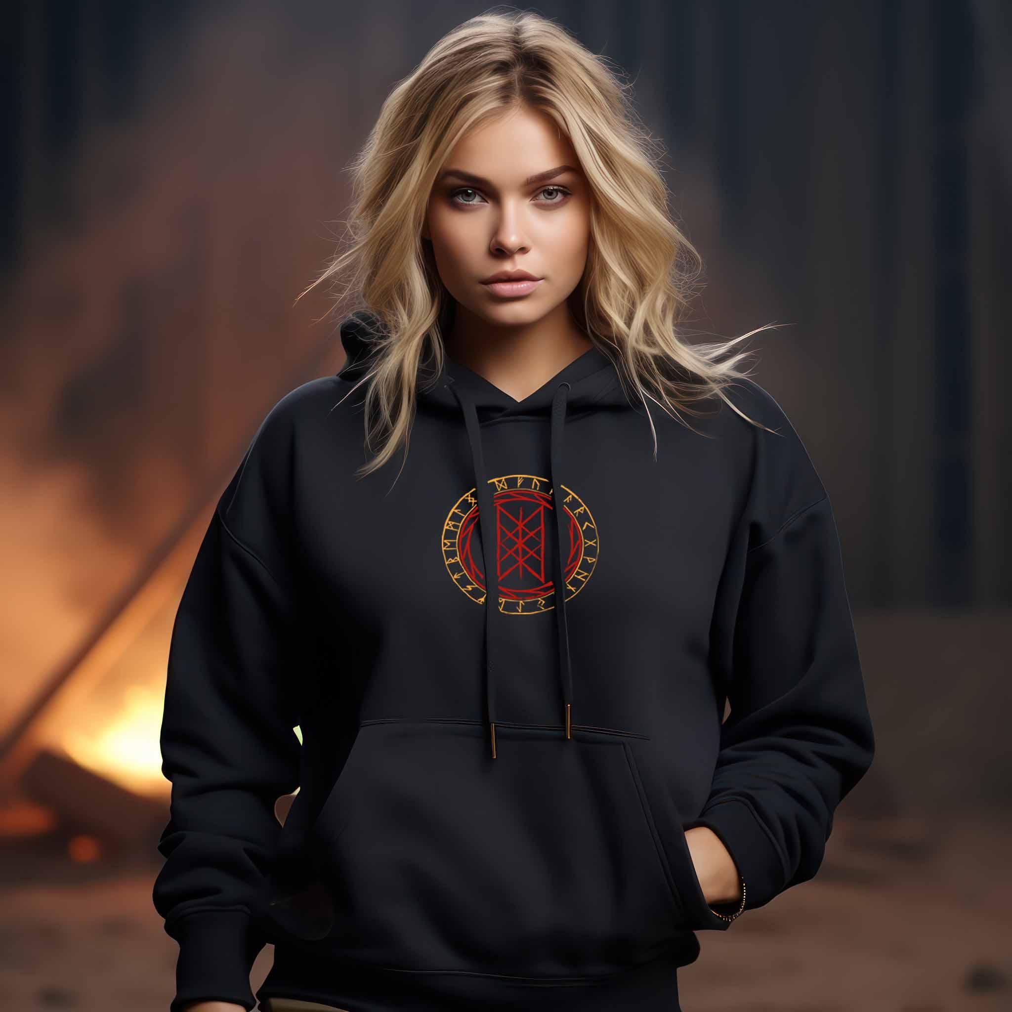 Schildmaiden Hoodie mit Wyrd-Web und Runenkreis - Mystisches Nordisches Symbol Hoodie - Nordic Viking Wear