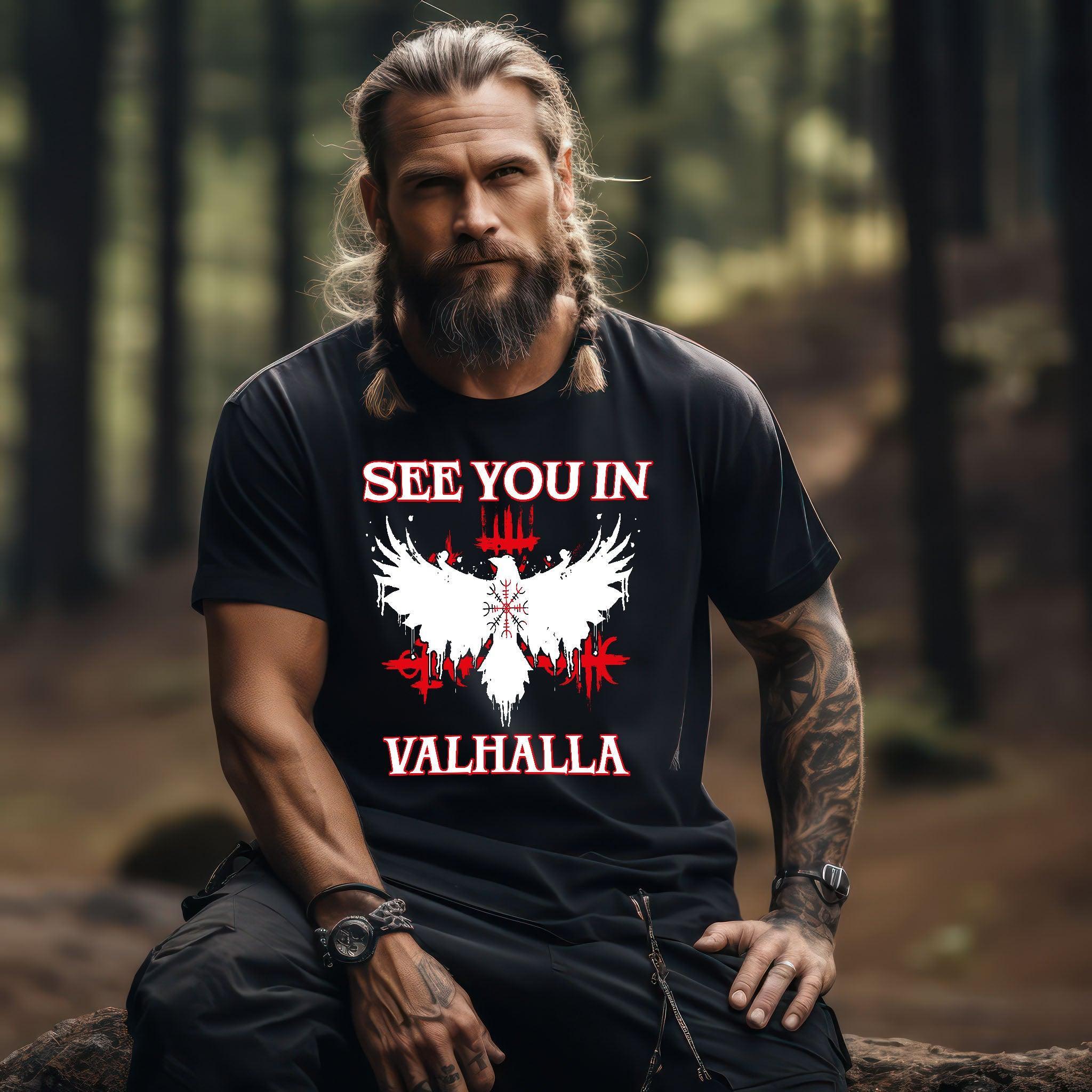 Wikinger Premium T-Shirt "See You in Valhalla" – Mystischer Rabe trifft Helm Of Awe!