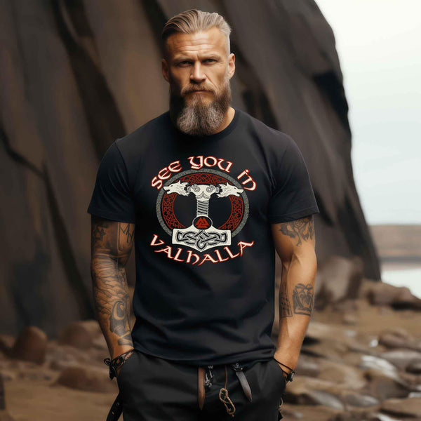 Wikinger "See You In Valhalla" Hoodie - Nordischer Krieger Premiumshirt mit Mjölnir und Wölfe Design - Nordic Viking Wear