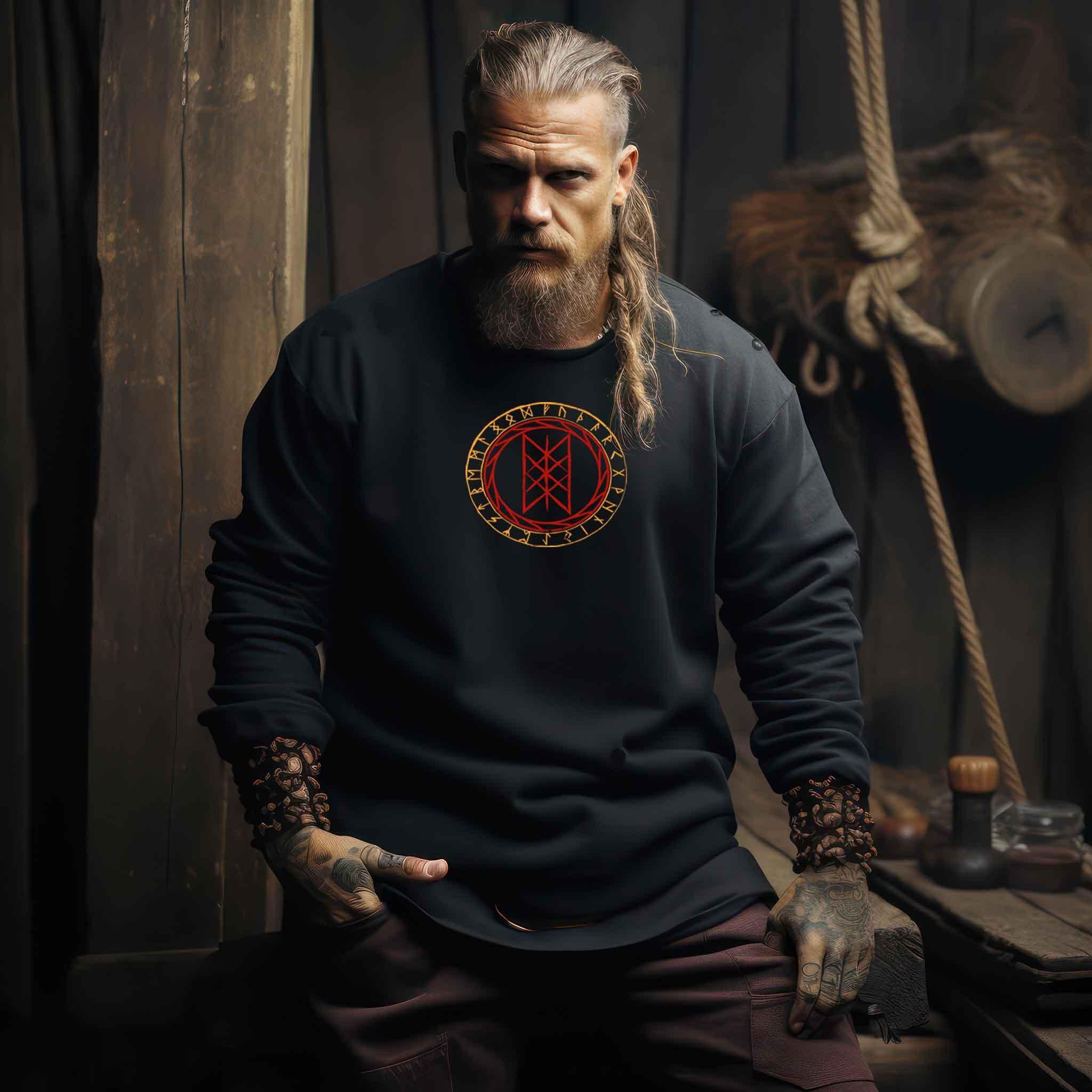 Wikinger Sweatshirt mit Wyrd-Web und Runenkreis - Mystisches Nordisches Symbol Pullover - Nordic Viking Wear