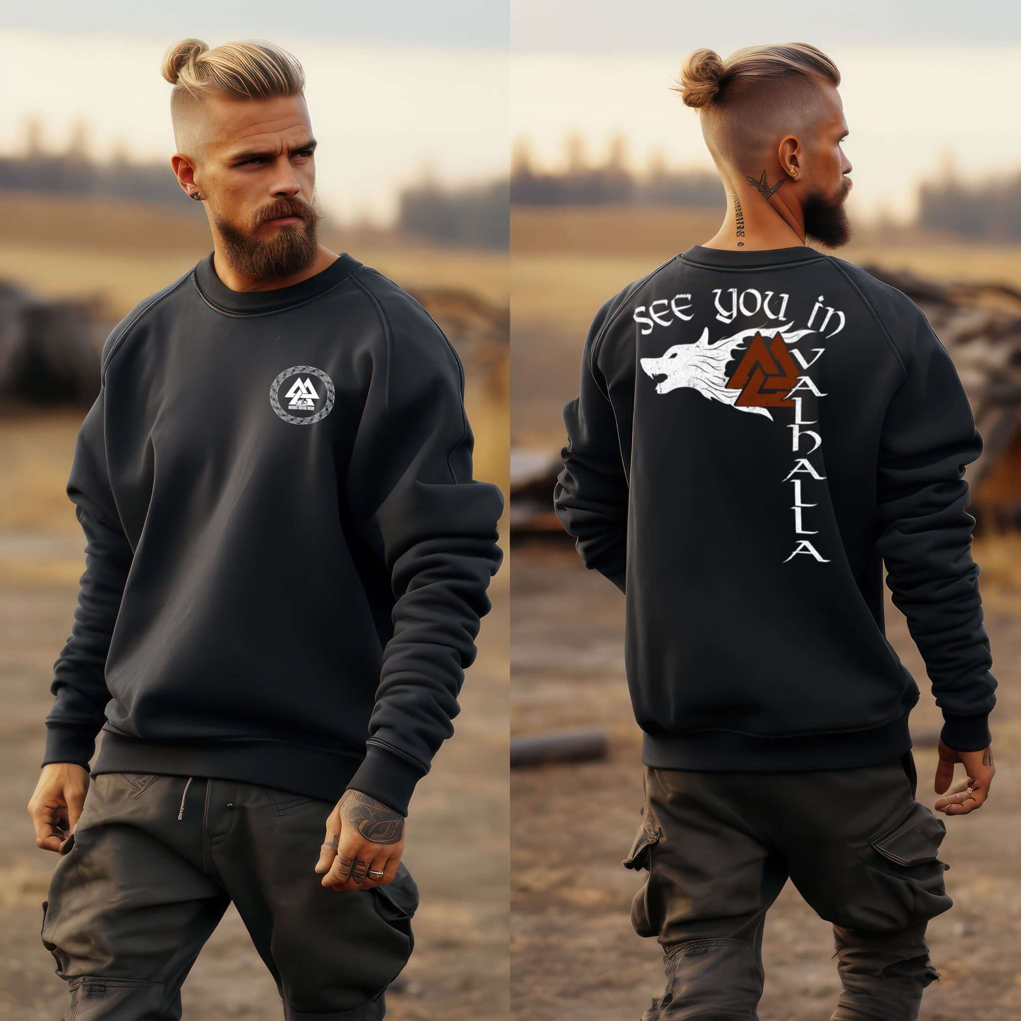 "Fenris & Valknut: Das Erbe der Wikinger - Rückendruck Sweatshirt mit mythischer Kraft"