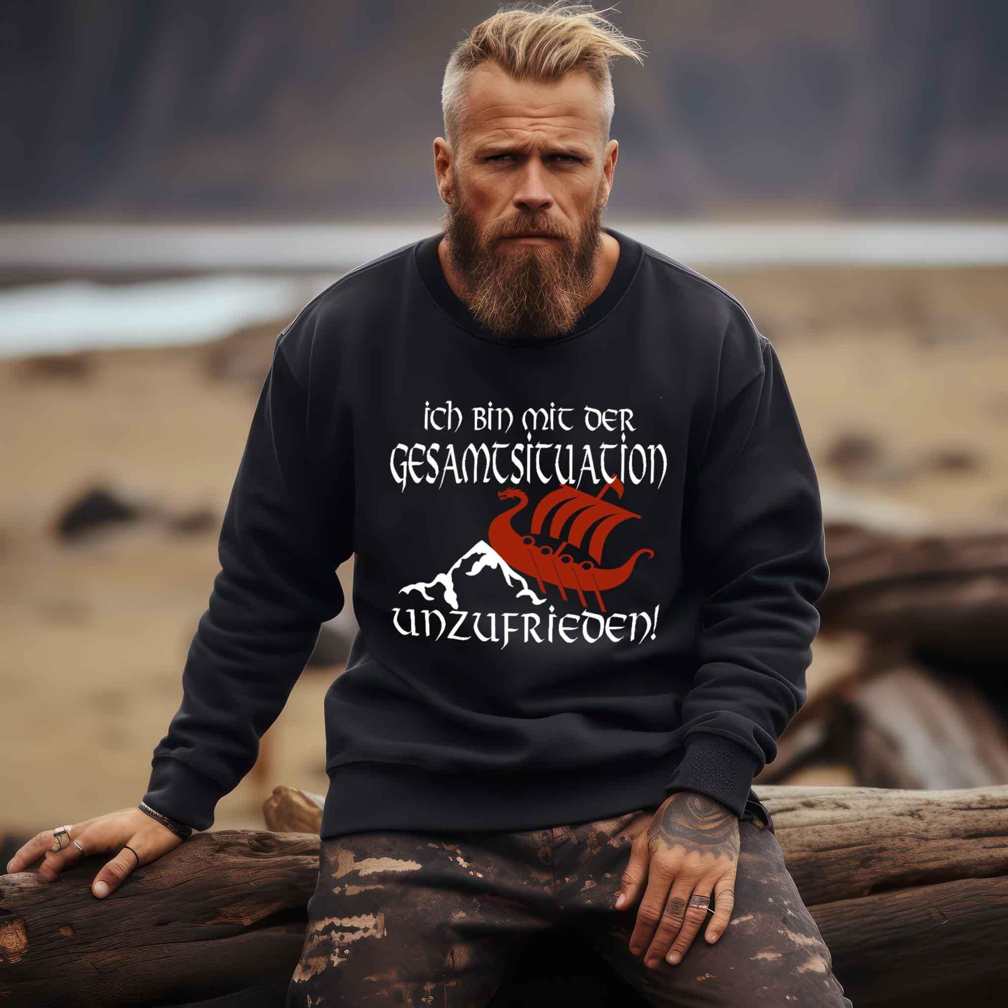 Lustiges Wikinger Sweatshirt 'Unzufrieden' – Humorvoll auf Kollisionskurs - Nordic Viking Wear