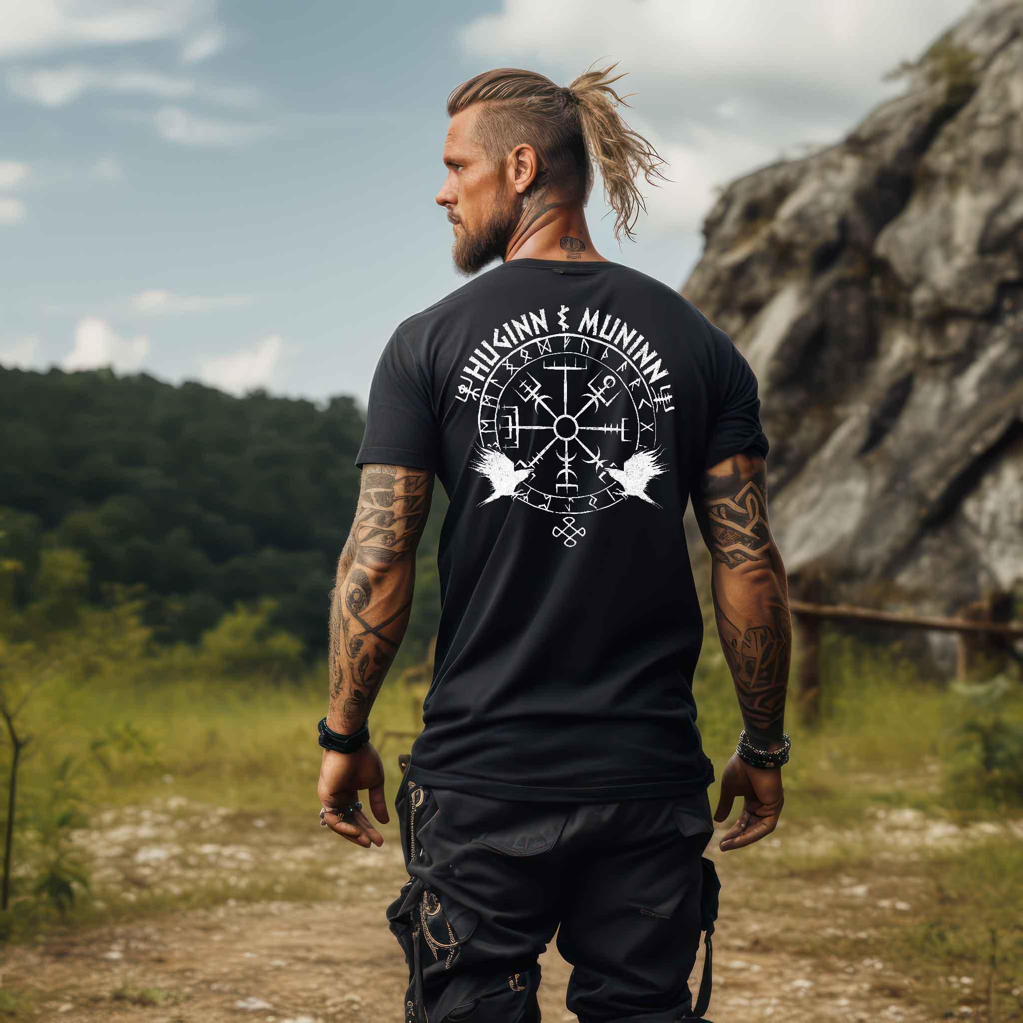 Odins Raben Wikinger Premiumshirt T-Shirt – Huginn und Muninn – Wikinger Runenkreis Tee - Nordic Viking Wear