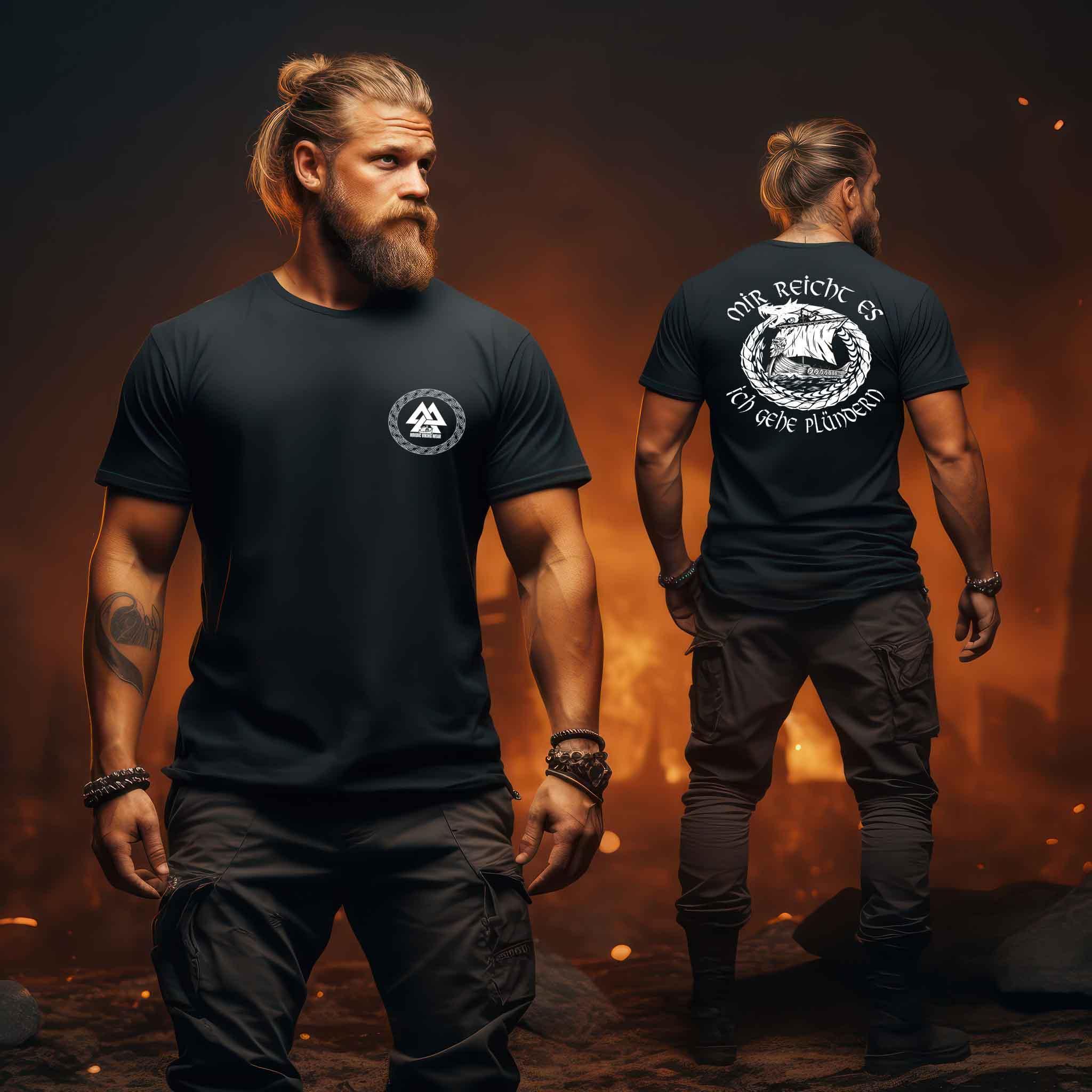 Wikinger-Plünderer Premiumshirt Back und Frontprint – "Mir reicht's, ich gehe plündern" – Drachenschiff-Design - Nordic Viking Wear