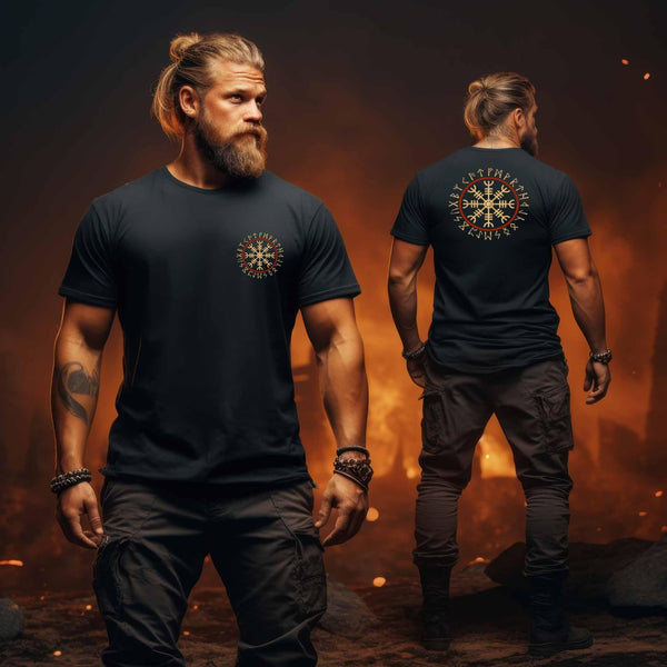 Wikinger Premiumshirt Helm Of Awe Mit Runenkreis Front Backprint - Nordic Viking Wear