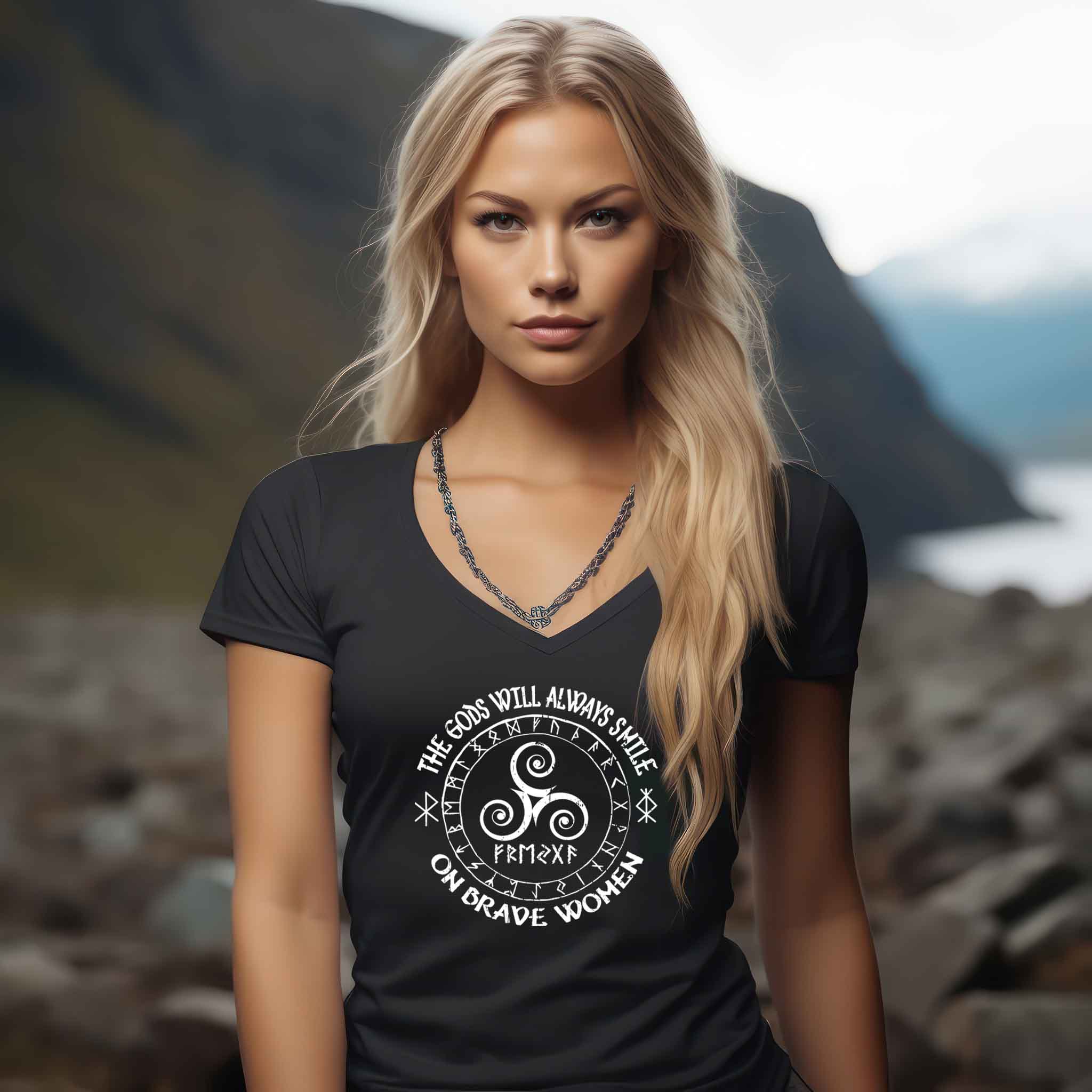 Segen der Götter: Inspirierendes Schildmaiden V-Neck 'The Gods Will Always Smile on Brave Women