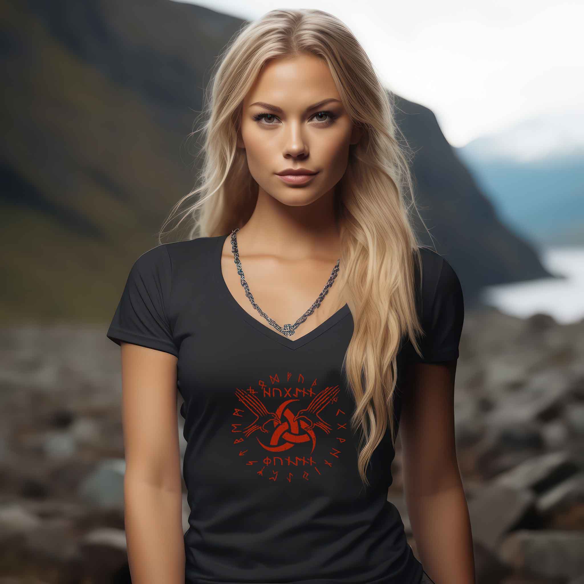 Schildmaiden V-Neck "Odins Boten" - Huginn und Muninn mit Gjallarhorn