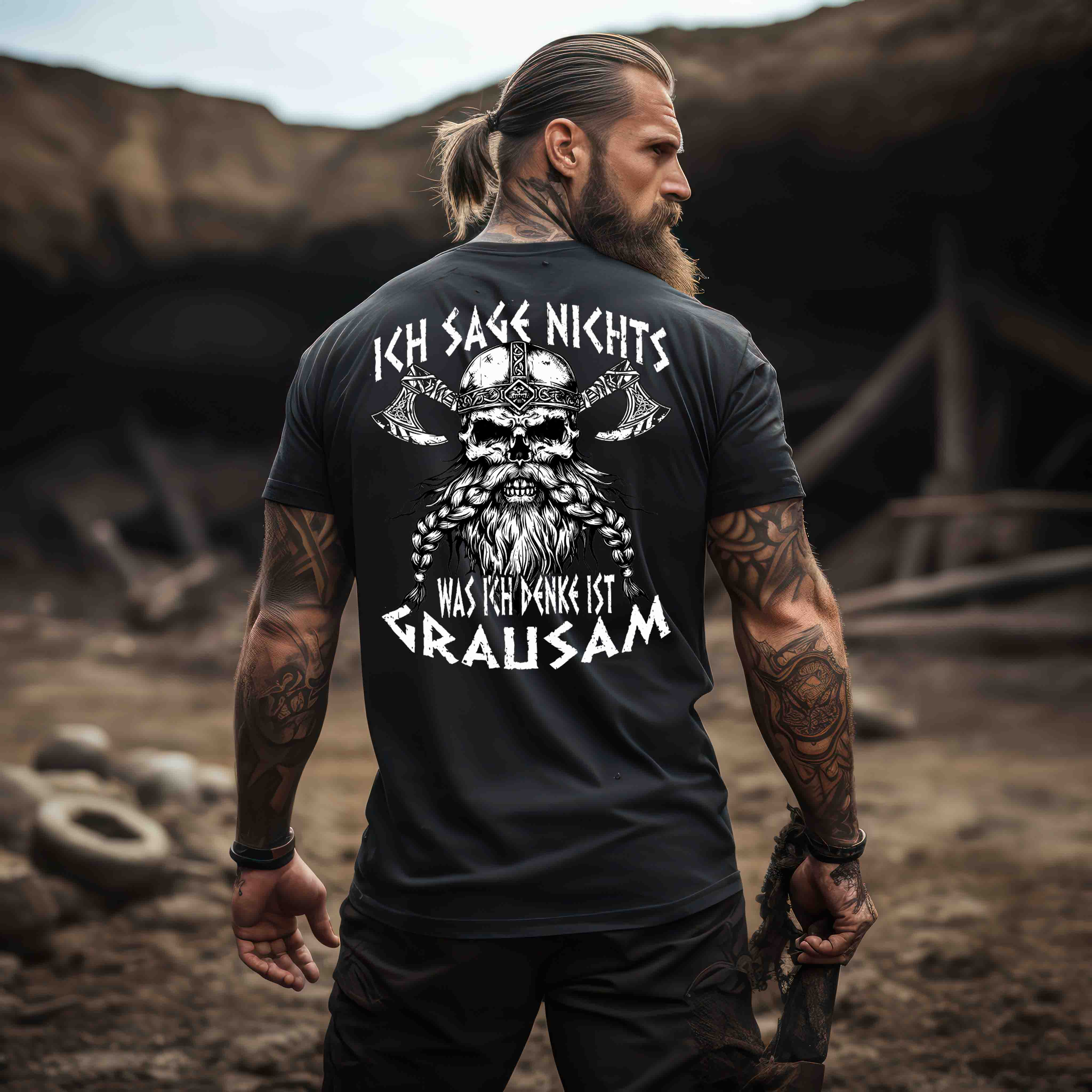 Lustiges Wikinger- Backprint Premiumshirt "Ich sage nichts, was ich denke ist grausam"