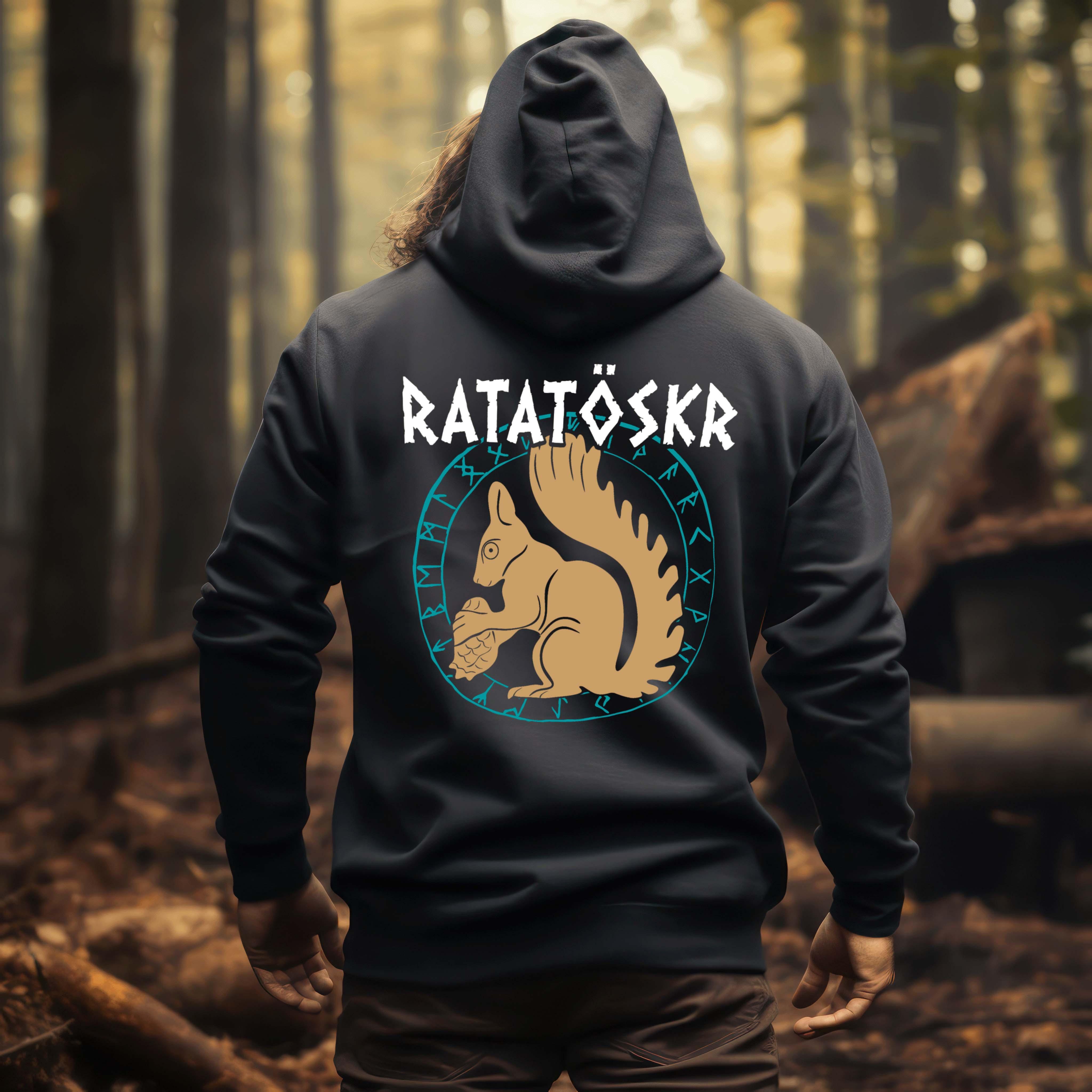 Wikinger Hoodie "RATATÖSKR" – Eichhörnchen-Design mit Runenkreis Backprint