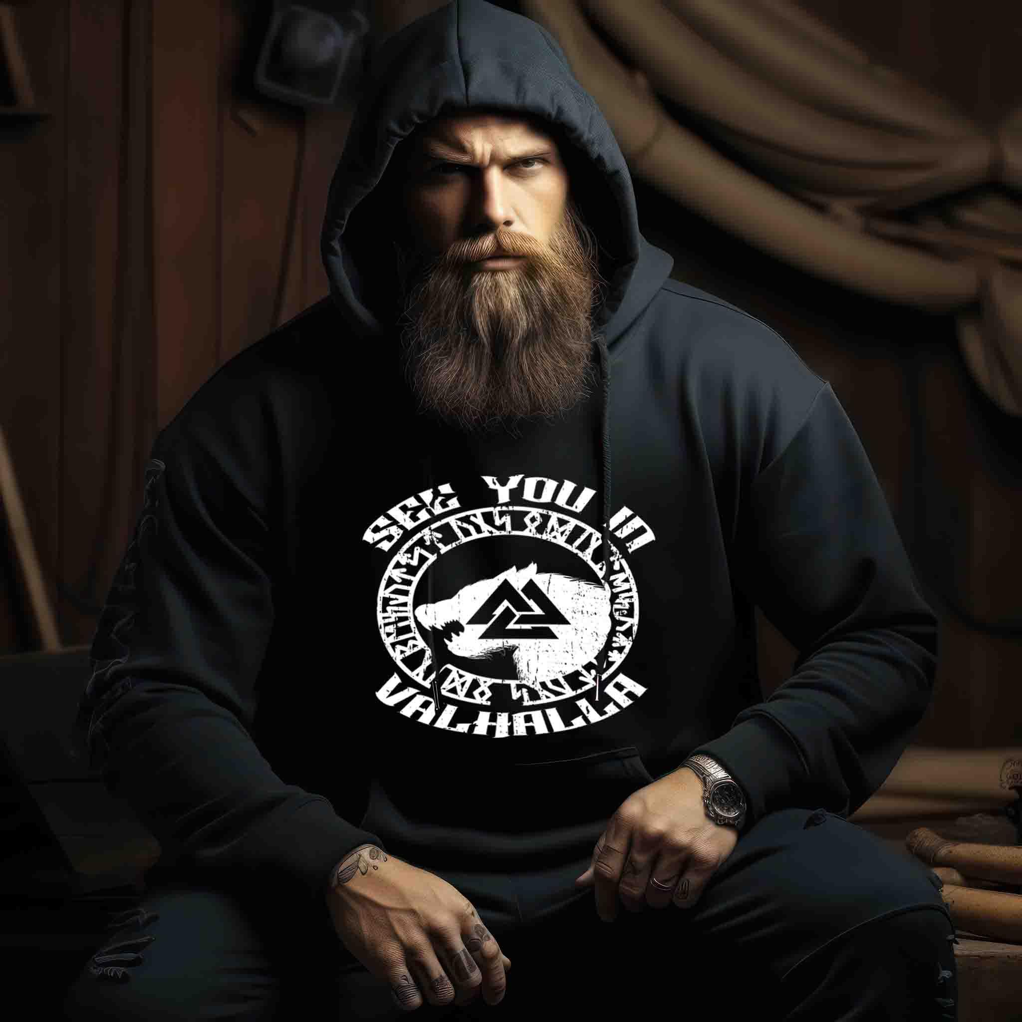 See You in Valhalla" Wikinger Hoodie - Nordischer Krieger Wolf Design - Valhalla Ruf Hoodie