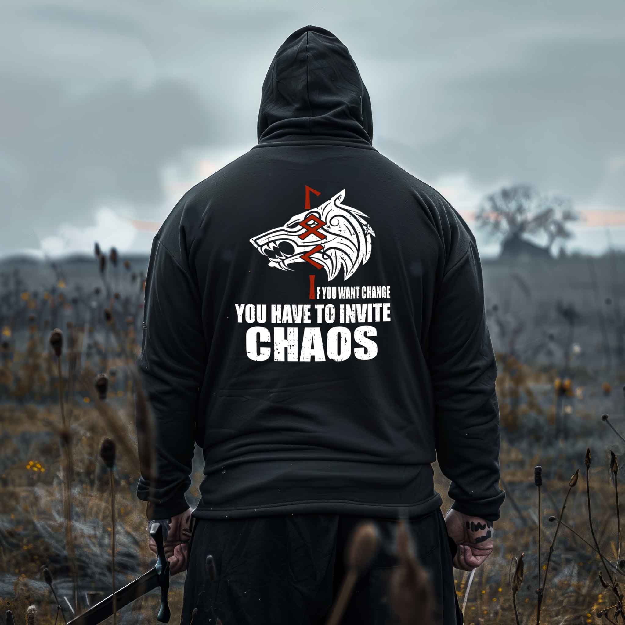 Wikinger Heavy Vintage Hoodie Loki Runen "If You Want Change, You Have to Invite Chaos