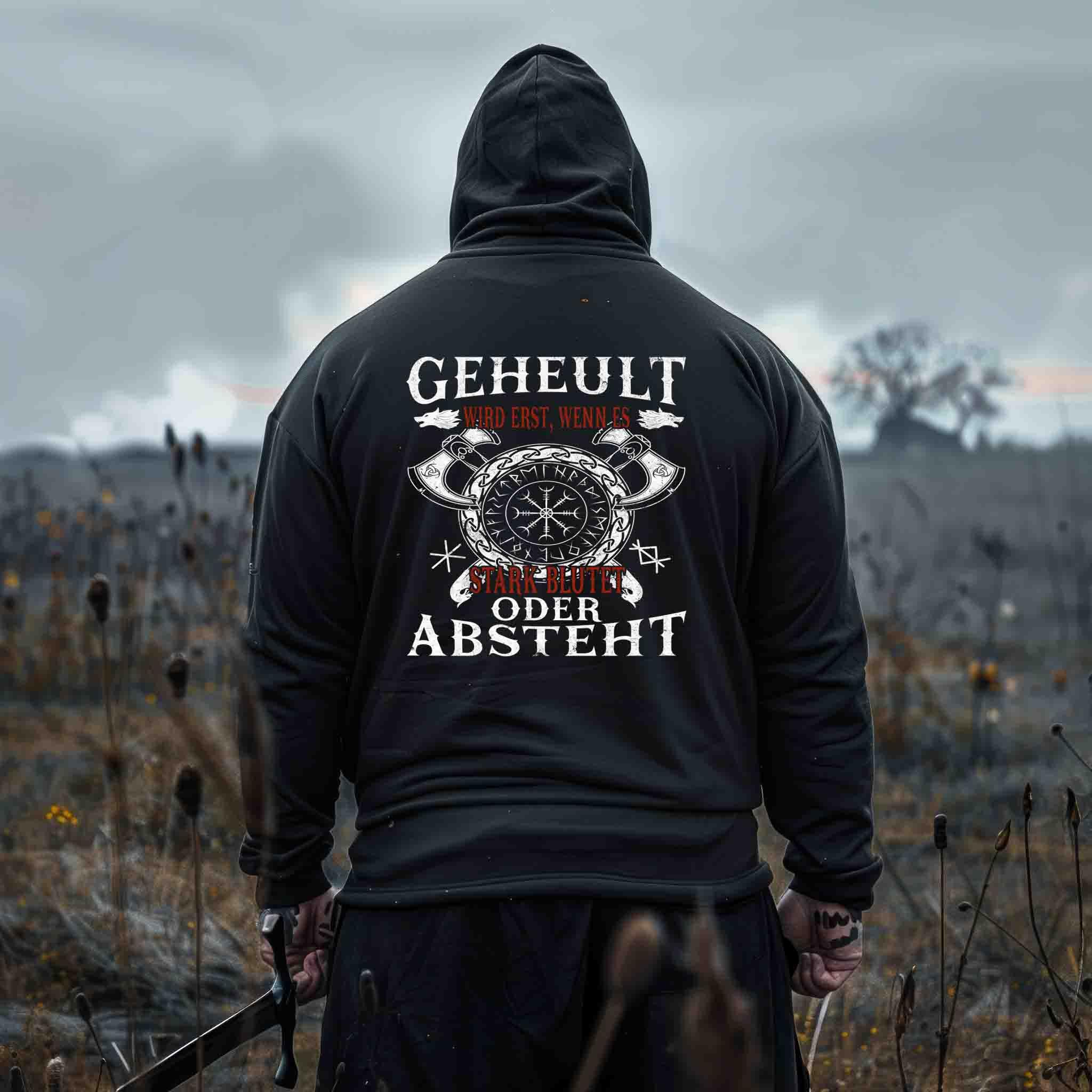 ⚔ Zipp-Hoodie „Geheult wird erst, wenn es stark blutet“ – Wikinger-Krieger Look ⚔