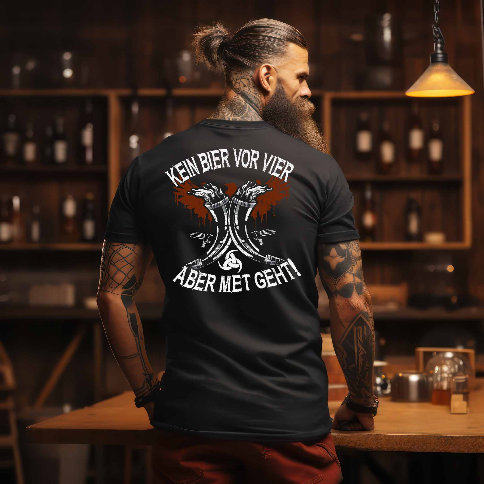 Wikinger-Themen Premiumshirt "Kein Bier vor Vier – Aber Met Geht" – Mittelalter-Fanartikel, Met-Liebhaber Geschenk