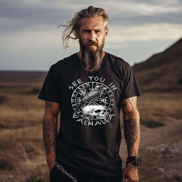 Wikinger Premium T-Shirt: Helm Of Awe & Rabe auf Schädel - "See You in Valhalla" - Nordic Viking Wear