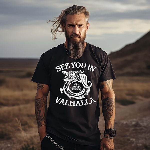 Wikinger Premium T-Shirt | Fenris Wolf & Odins Gjallarhorn | "See You In Valhalla" Spruch | Nordische Mythologie Design - Nordic Viking Wear
