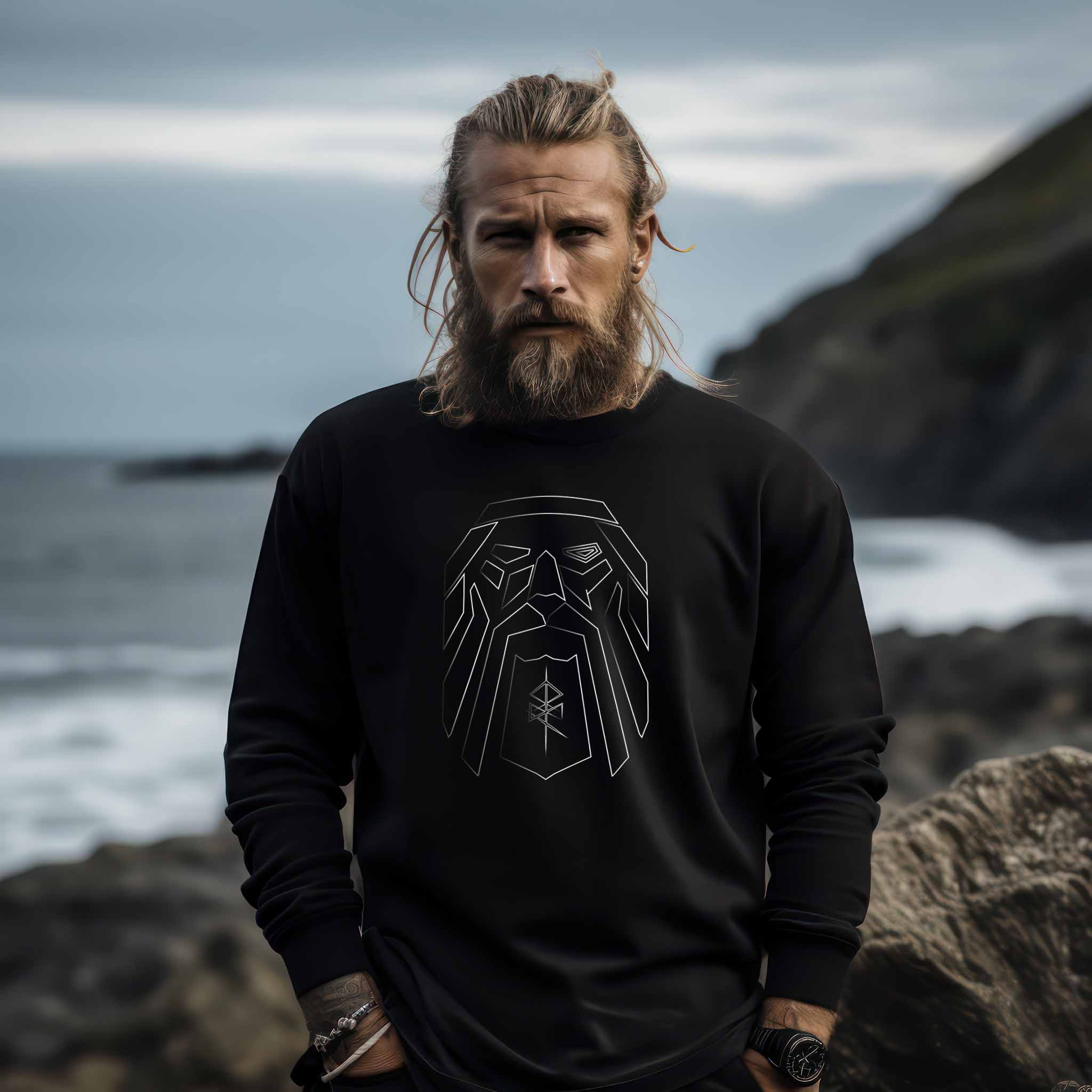 Sweatshirt mit Odin-Darstellung und Binderune – Symbol der Weisheit und Stärke