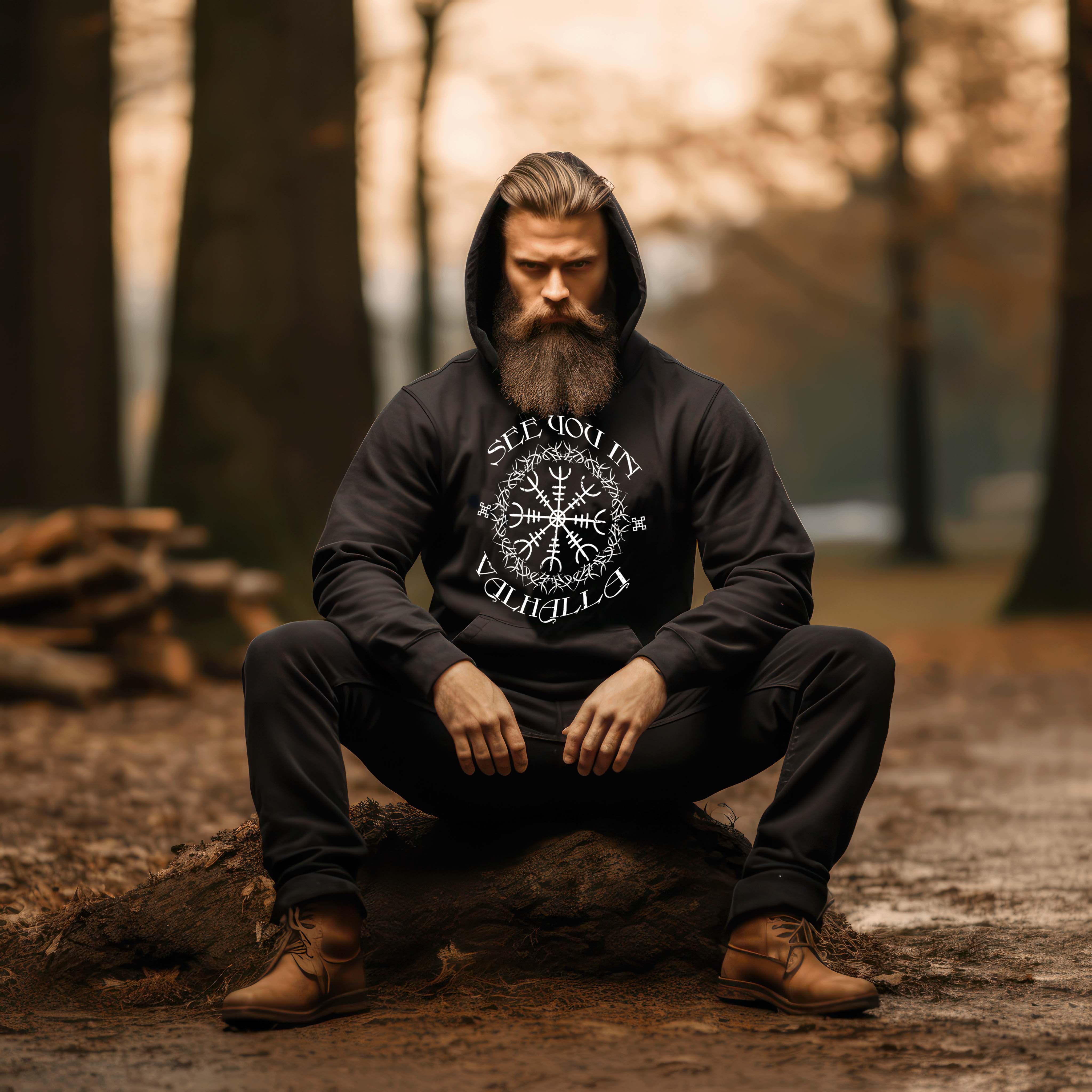 Wikinger Hoodie mit "Helm Of Awe" & "See you in Valhalla  - Unisex Kapuzenpullover Hoodie