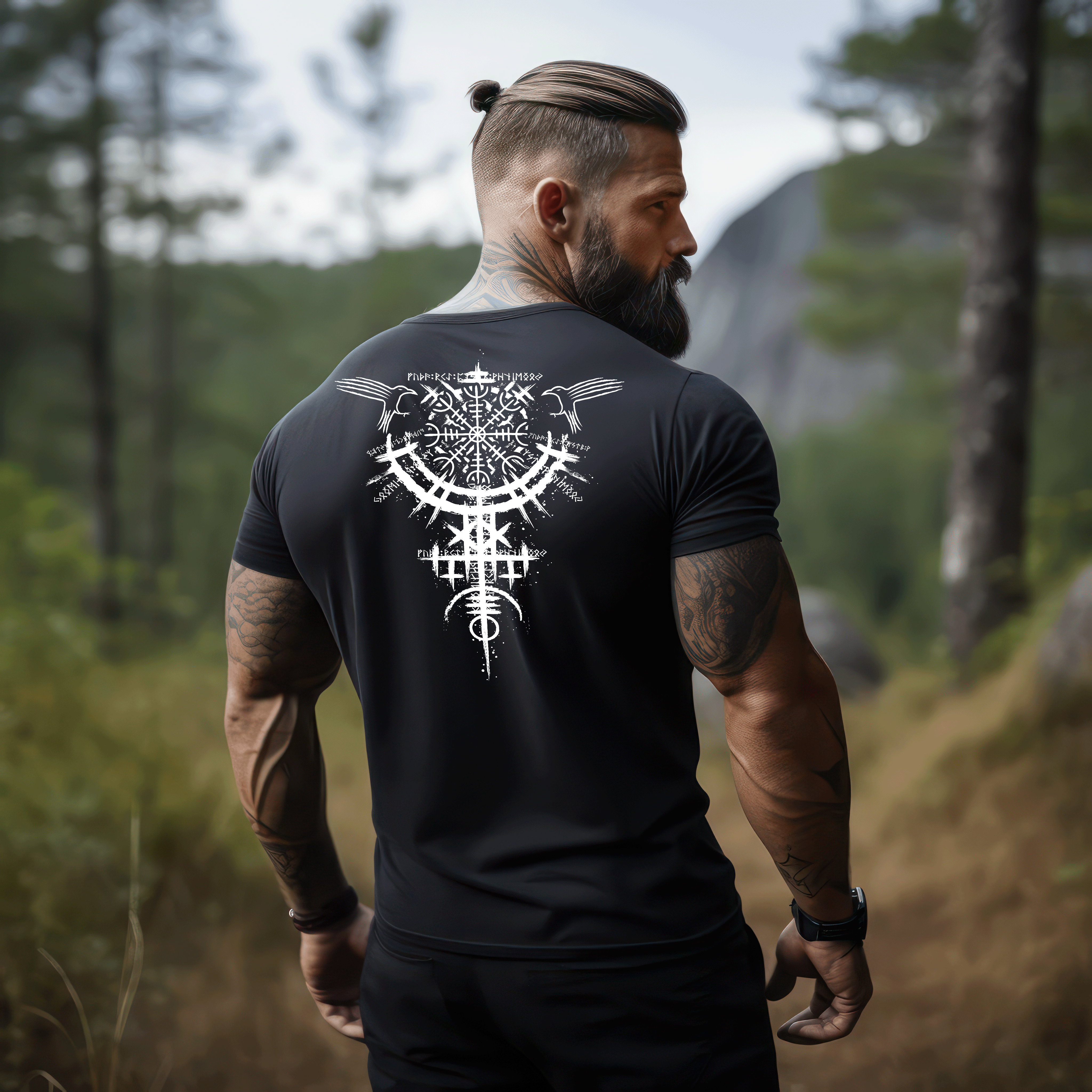 Wikinger Standard Backprint Shirt mit Nordischem Helm Of Awe Symbol – Männer Mythologie