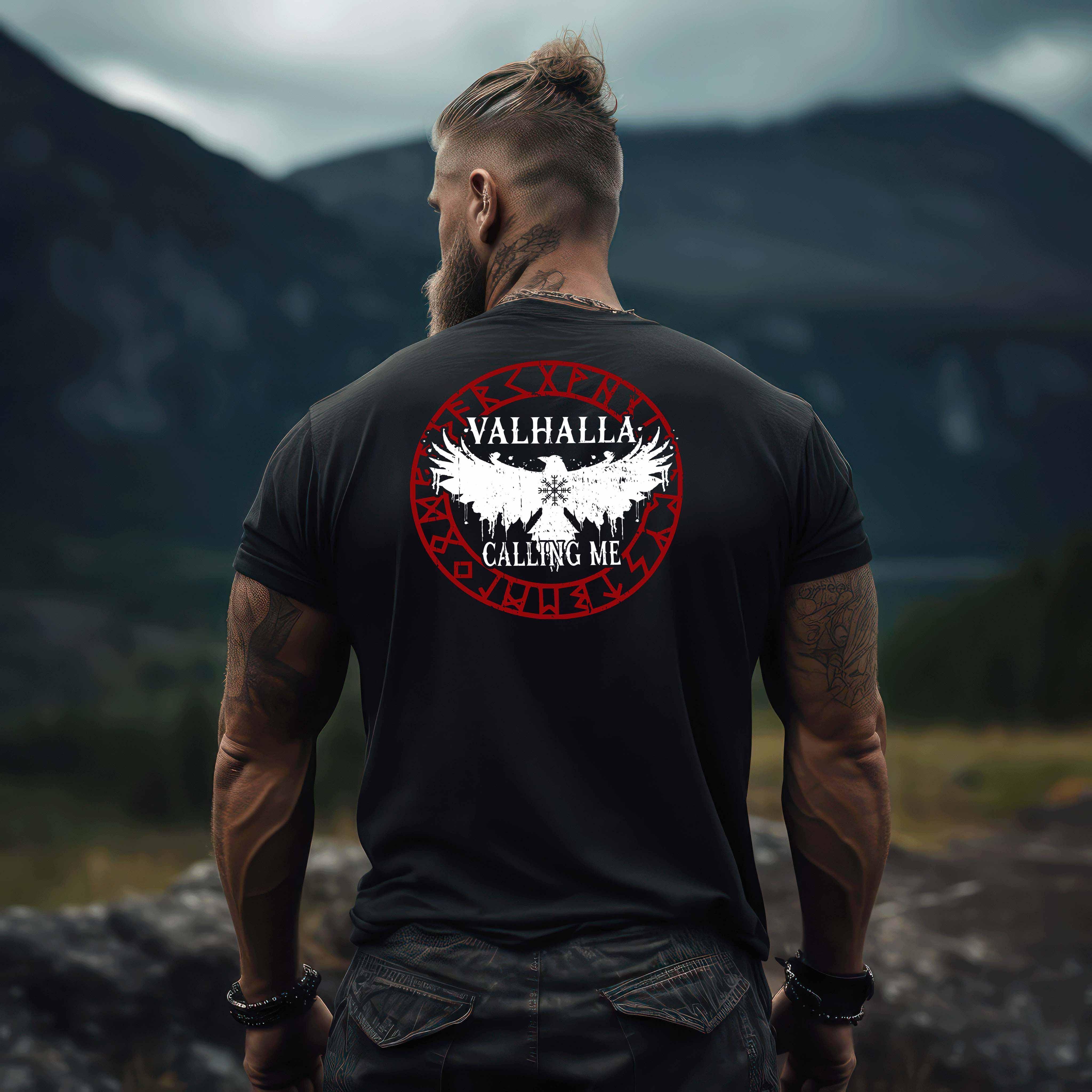 Wikinger Backprint Premium T-Shirt "Ruf nach Valhalla" – Antworte dem Ruf der Ehre