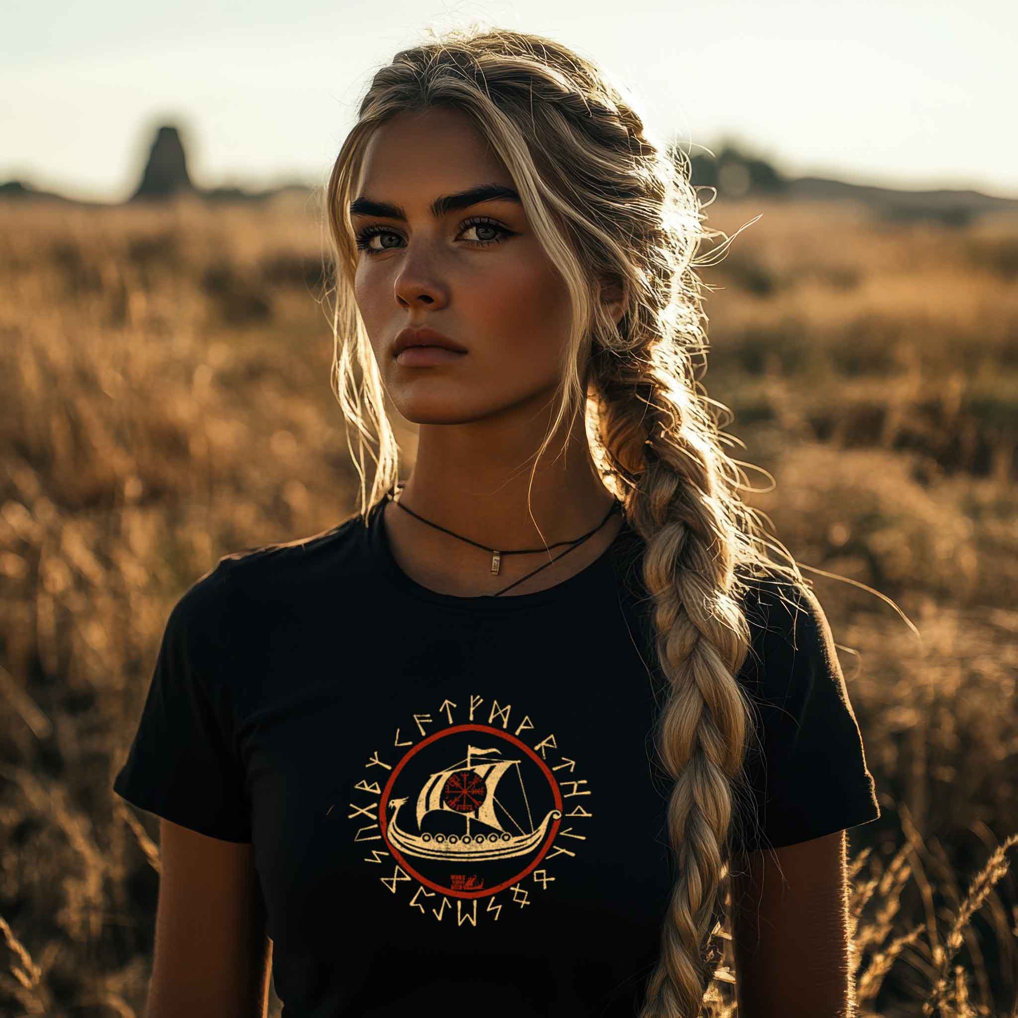 Schildmaiden Expresser Shirt Nordisches Drachenboot-Design mit Runen und Vegvisir – Wikinger Kleidung für Frauen"