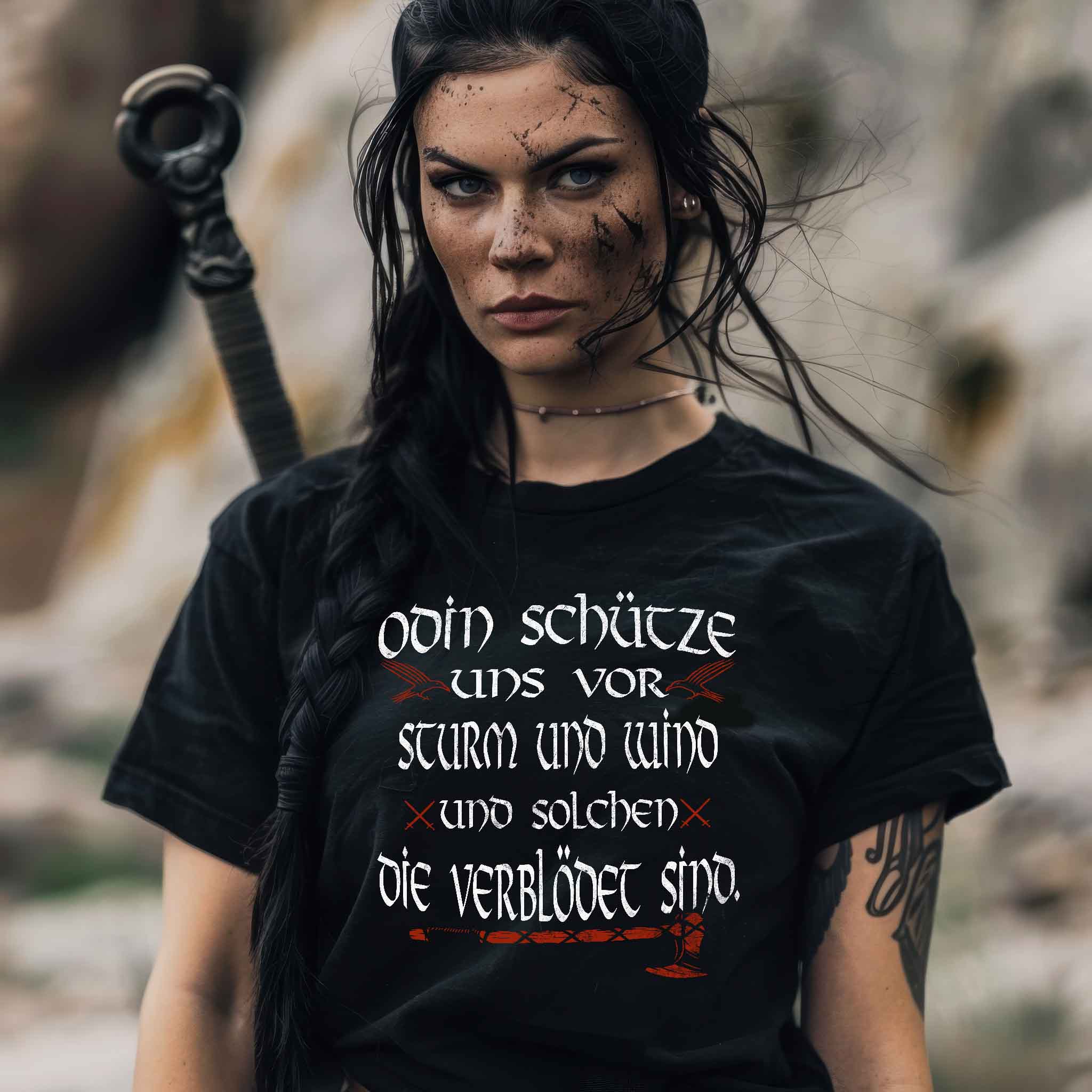 Schildmaiden Extended Shirt – "Odin, schütze uns" Wikinger-Spruch