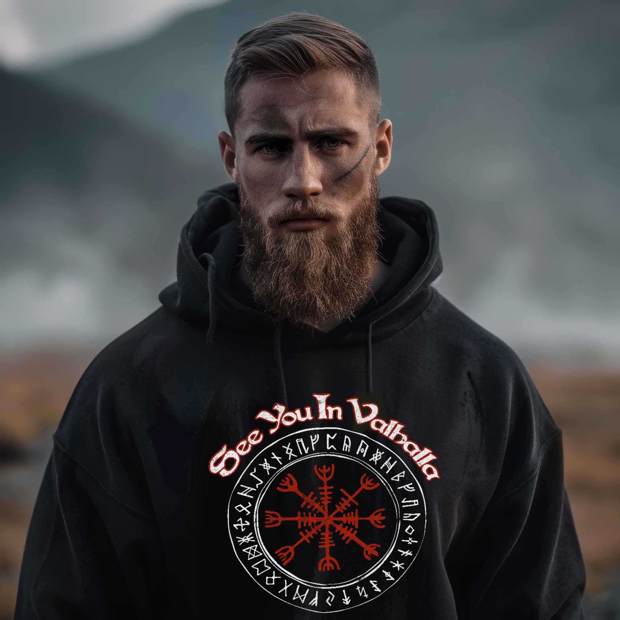 Wikinger Oversized Hoodie - "See You In Valhalla" Design mit Helm Of Awe (Ægishjálmr)