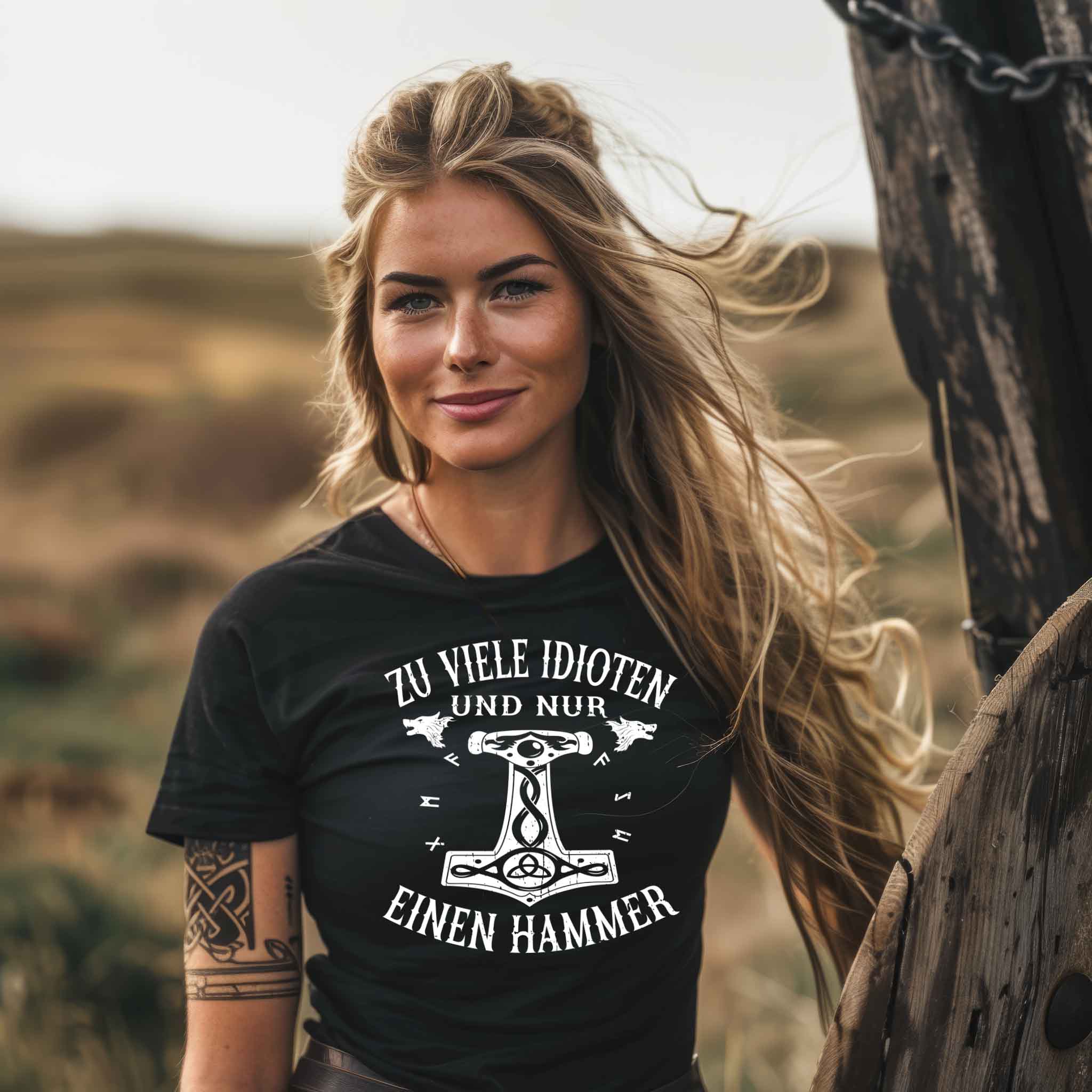 Schildmaiden Expresser Shirt „Zu viele Idioten und nur einen Hammer“ – Mjölnir Design