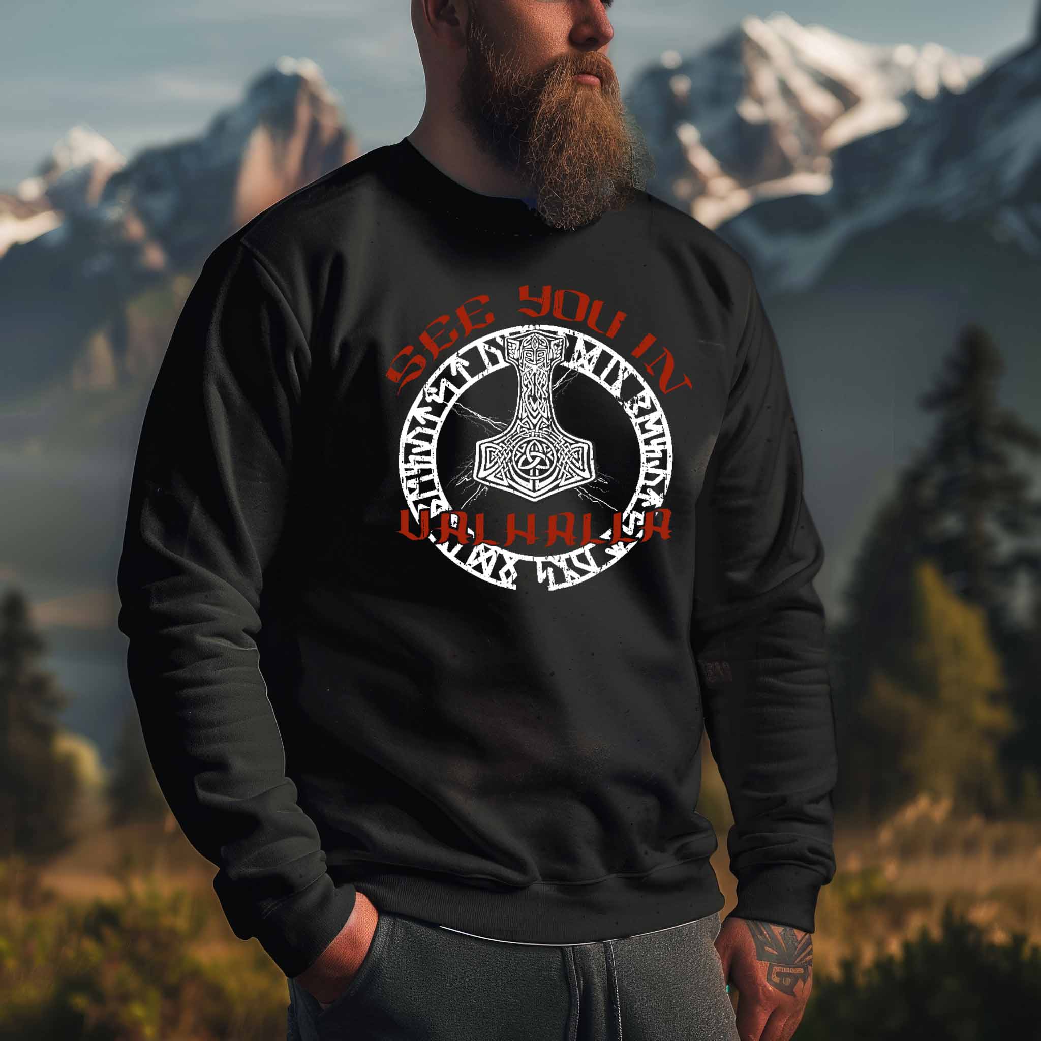 Wikinger Sweatshirt mit Runenkreis, Thors Hammer und "See You in Valhalla" Spruch