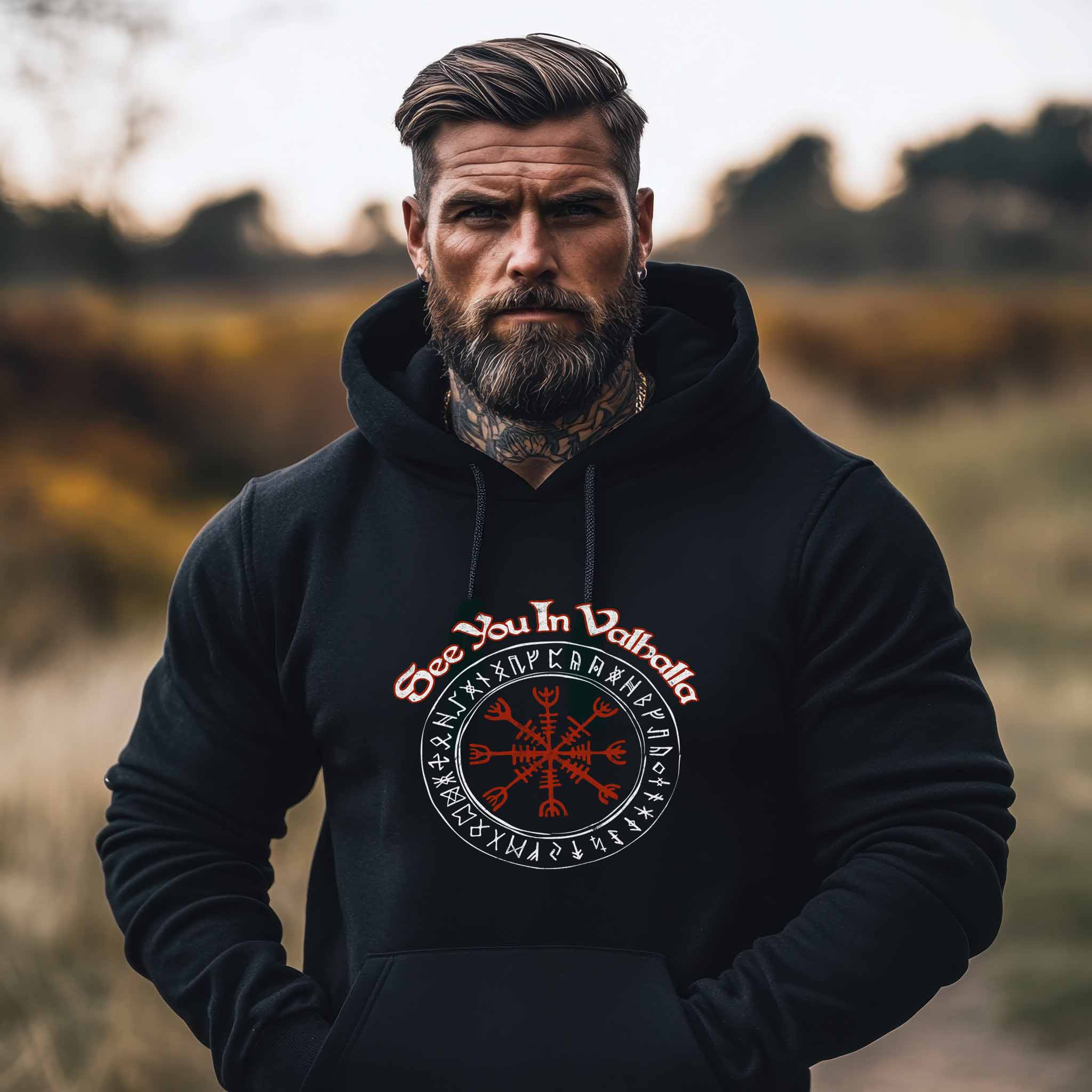 See You In Valhalla Premium Hoodie Mit dem Helm Of Awe - Nordic Viking Wear