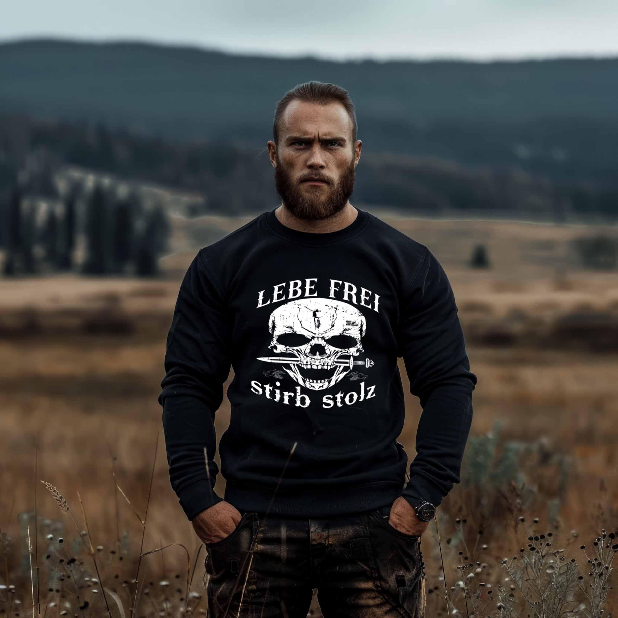 Lebe Frei, Stirb Stolz – Wikinger Sweatshirt mit Totenkopf und Schwert-Design