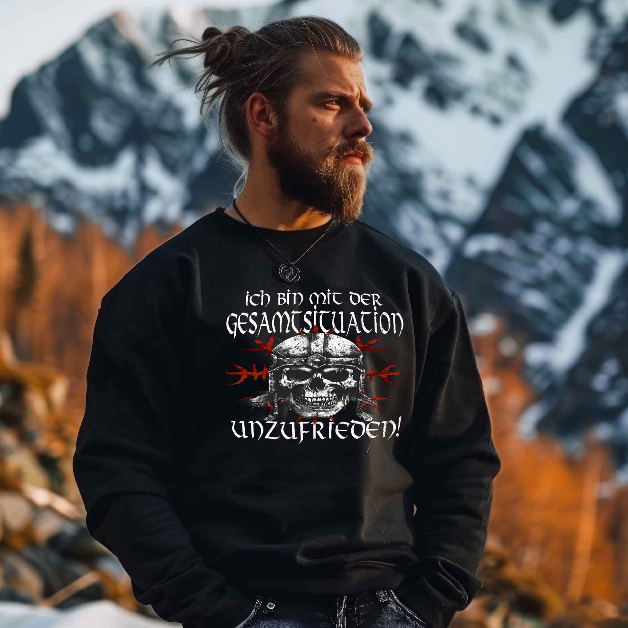 Lustiges Wikinger Sweatshirt 'Unzufrieden' – Helm of Awe und rebellischer Geist