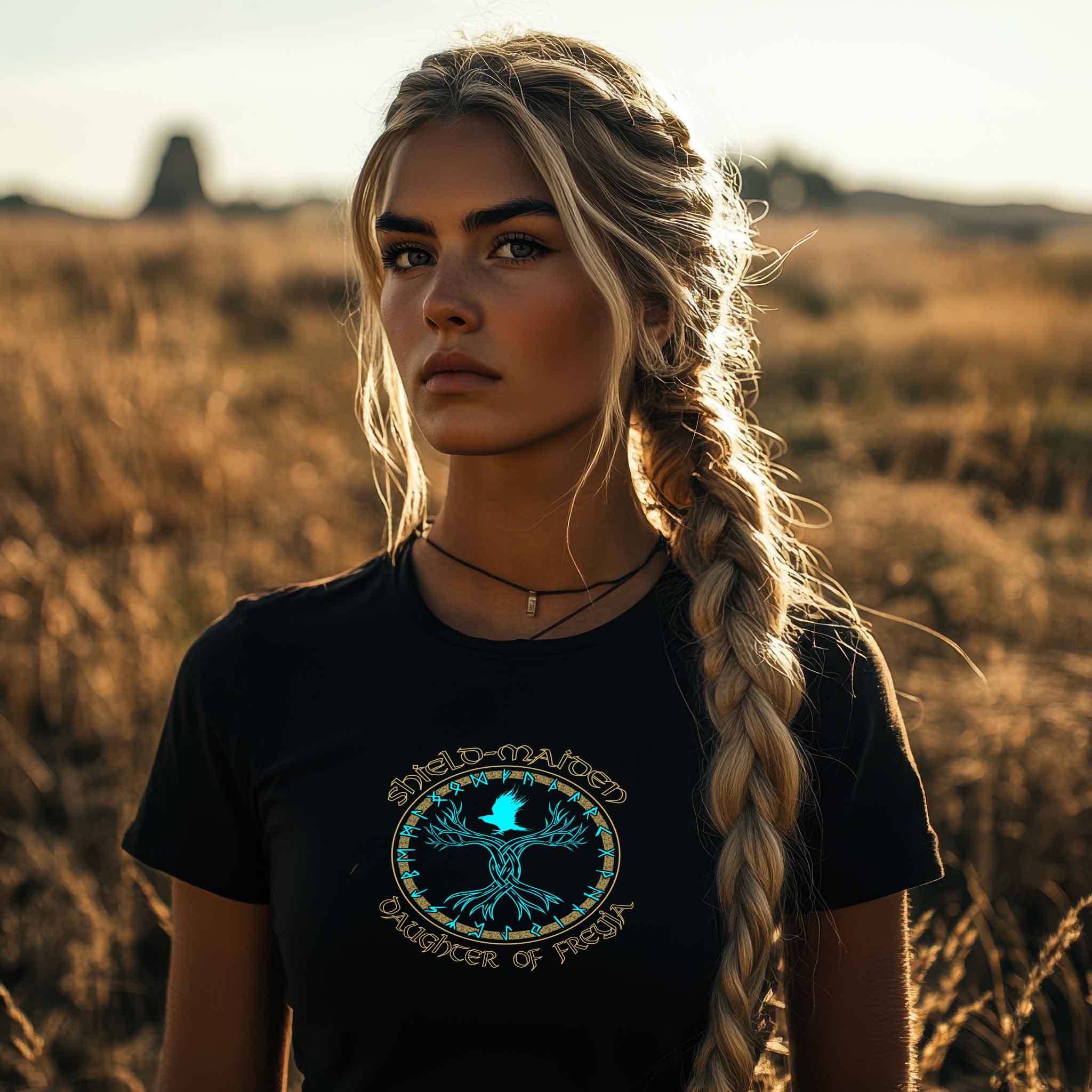 Schildmaiden Expresser Shirt  „Daughter of Freyja“ – Wikinger-Design mit Runen und Yggdrasil für nordische Kriegerinnen