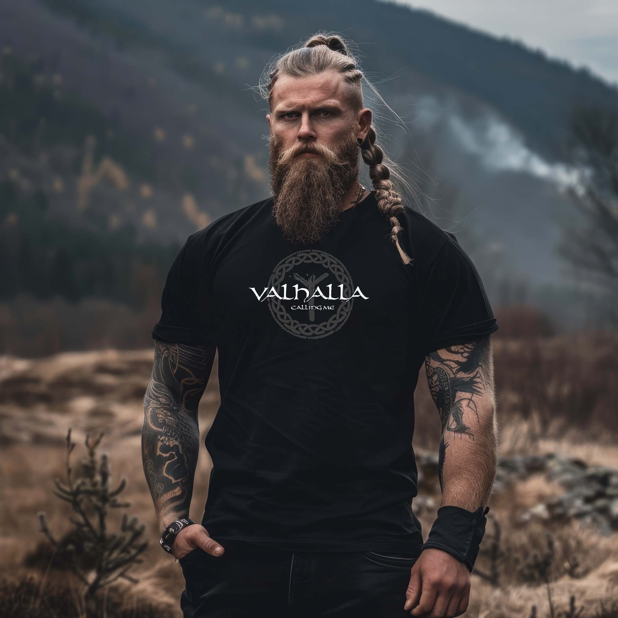 Wikinger-Premiumshirt "Valhalla Calling Me" mit Rune Algiz – Nordische Mythologie T-Shirt