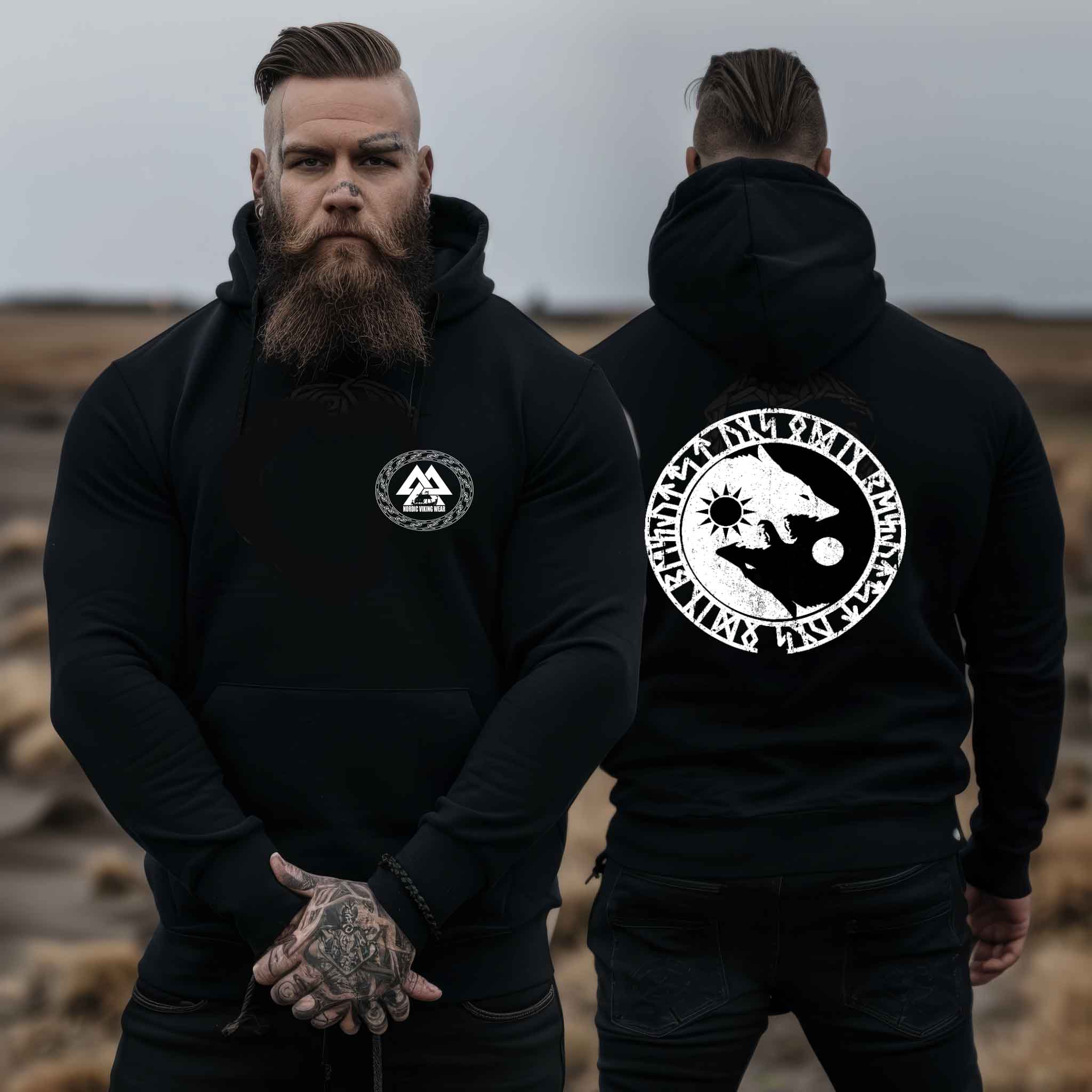 Wikinger Hoodie - Geri und Freki, Odins Wölfe mit Runenkreis