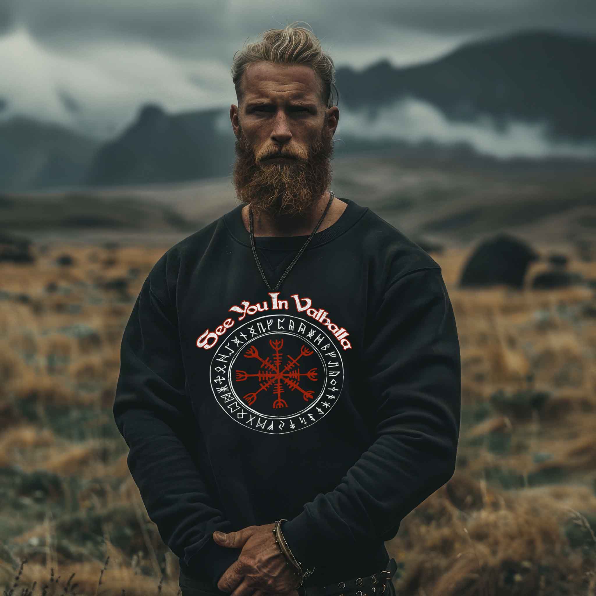 Wikinger Sweatshirt - "See You In Valhalla" Design mit Helm Of Awe (Ægishjálmr)