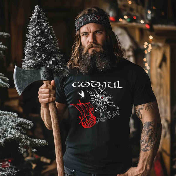 Wikinger Weihnachts-Premiumshirt – God Jul Design mit Thors Hammer & Drachenboot - Nordic Viking Wear