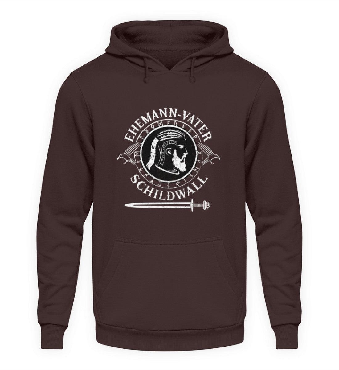 Wikinger Hoodie Ehemann Vater Schildwall Unisex Kapuzenpullover in braun mit Wikingerhelm und Schwert Design.