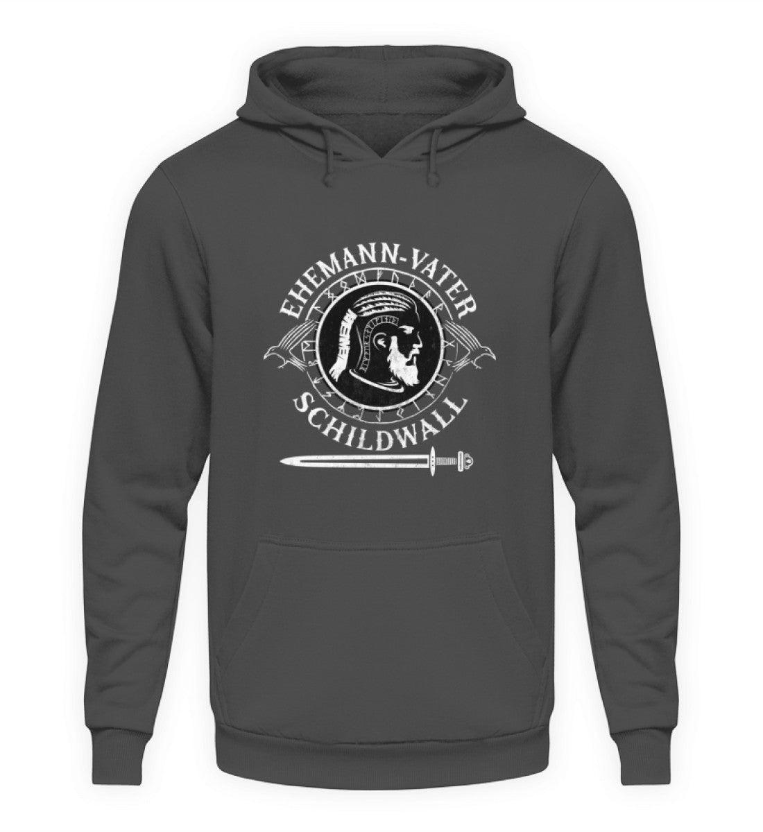 Wikinger Hoodie Ehemann Vater Schildwall - Unisex Kapuzenpullover Hoodie in Dunkelgrau mit Wikingermotiv.